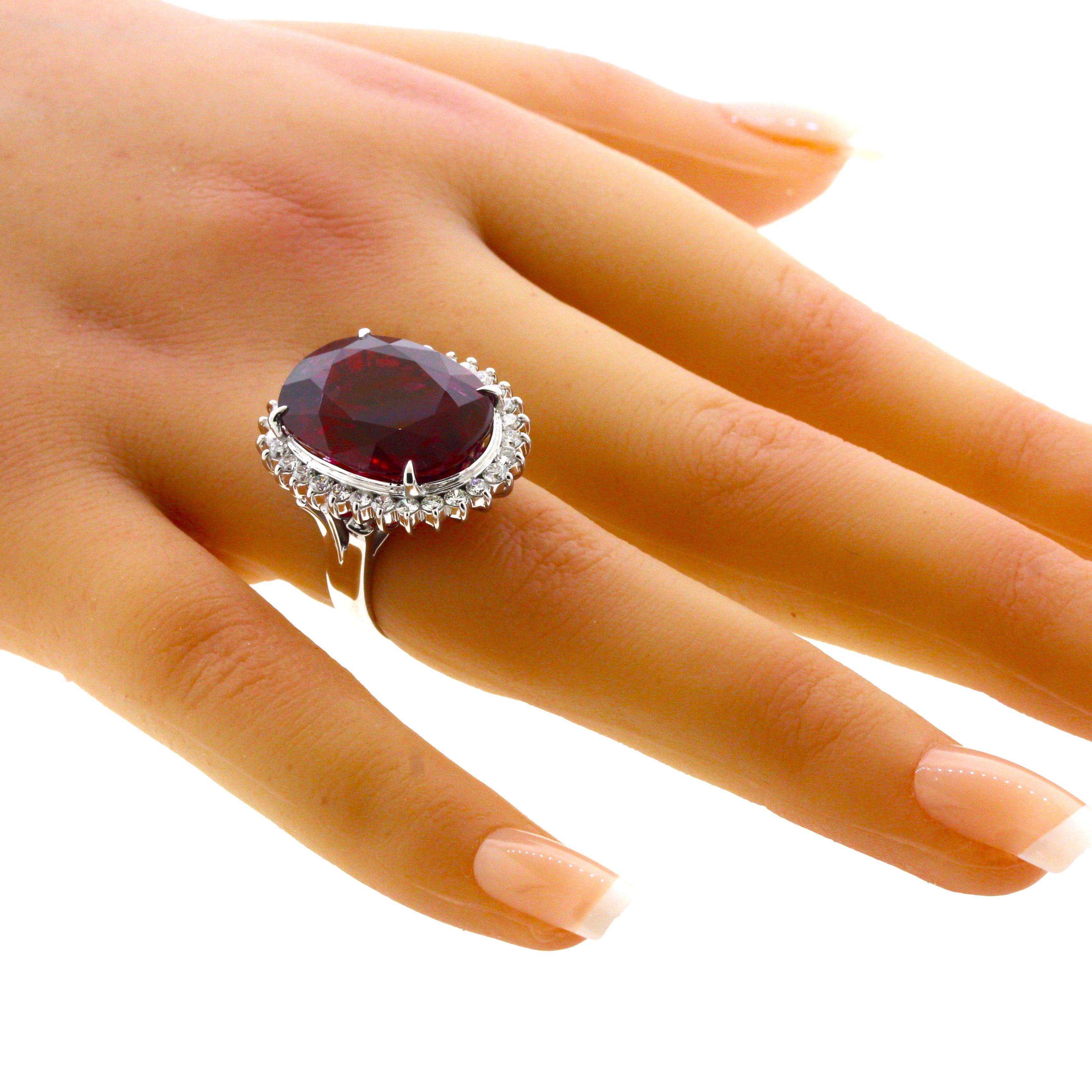 20.90 Carat Rubellite Tourmaline Diamond Platinum Ring