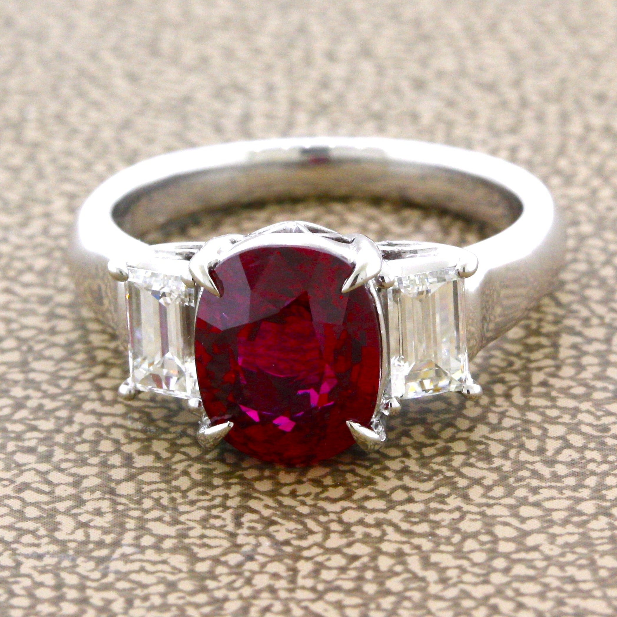 3.48 Carat Gem Ruby Diamond Platinum 3-Stone Ring, GIA Certified