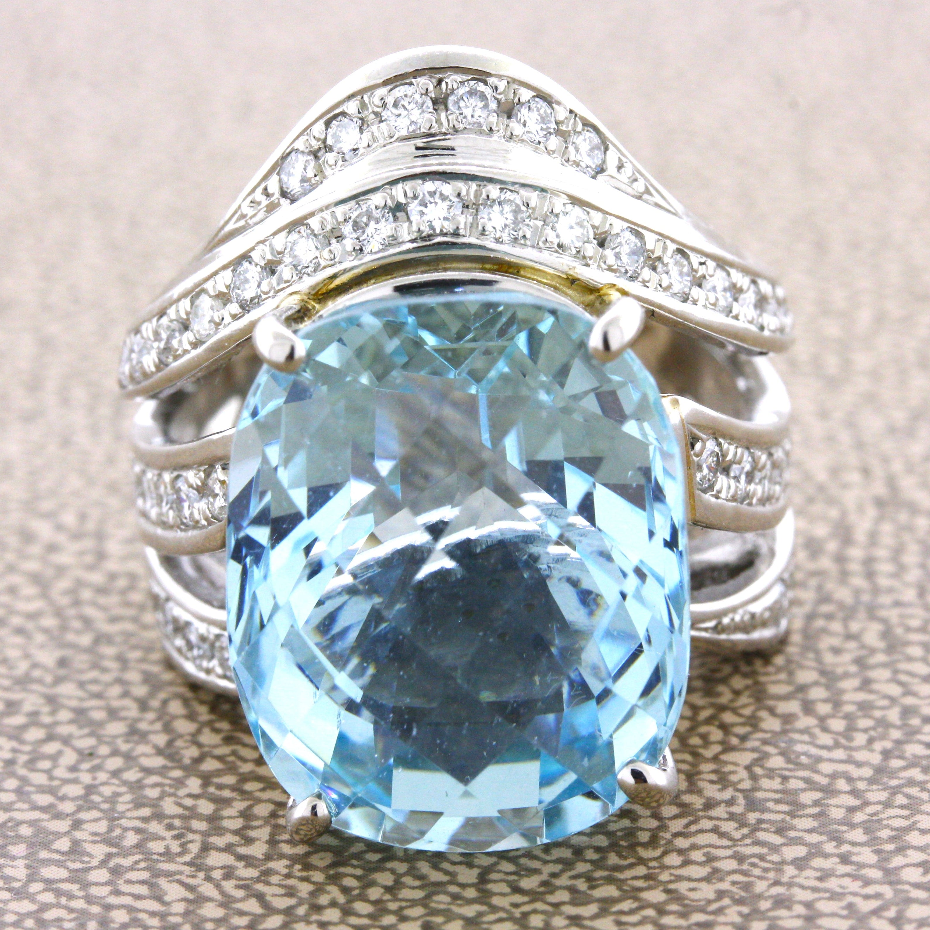 Large 20.10 Carat Aquamarine Diamond Platinum Cocktail Ring