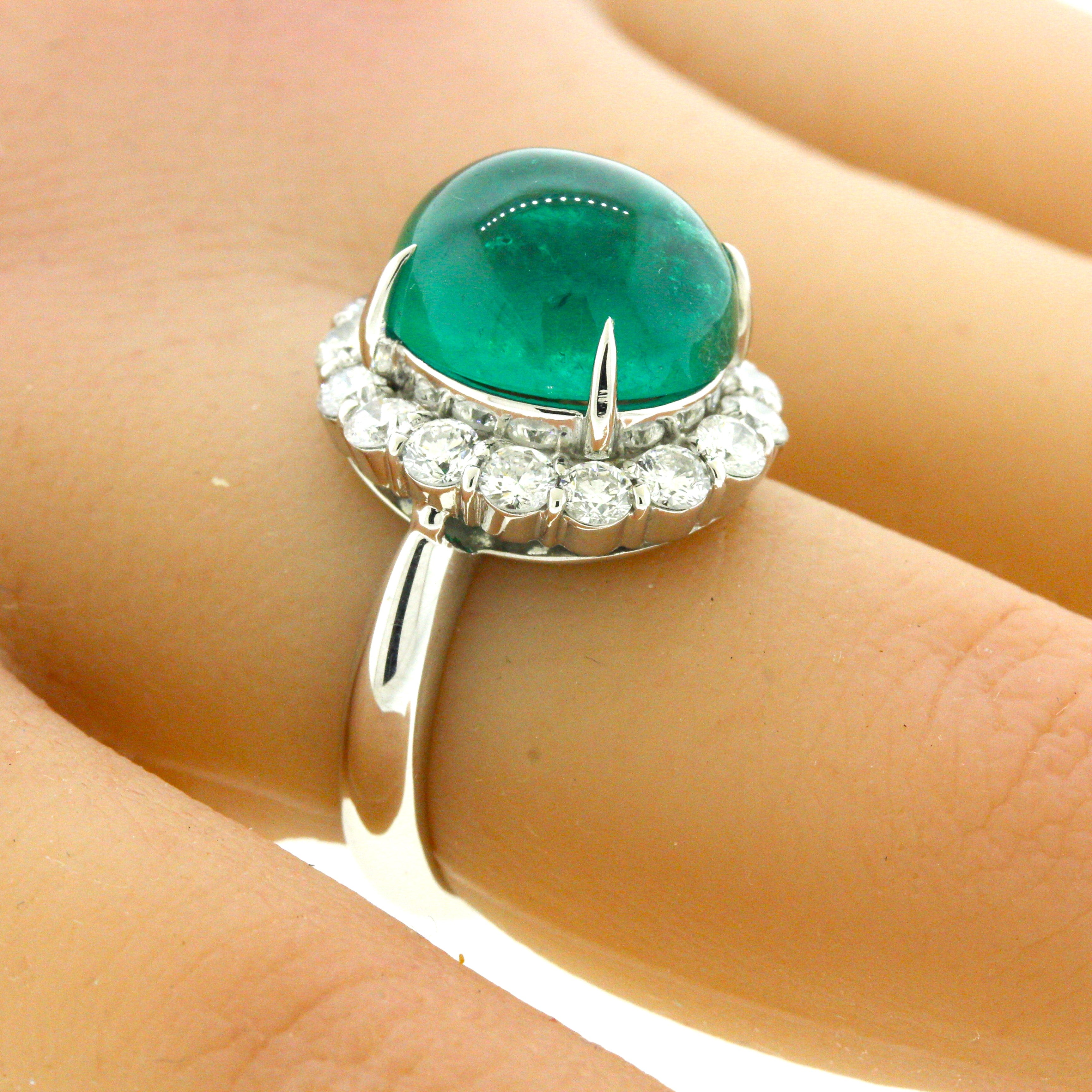 7.78 Carat Gem Cabochon Emerald Diamond Platinum Ring