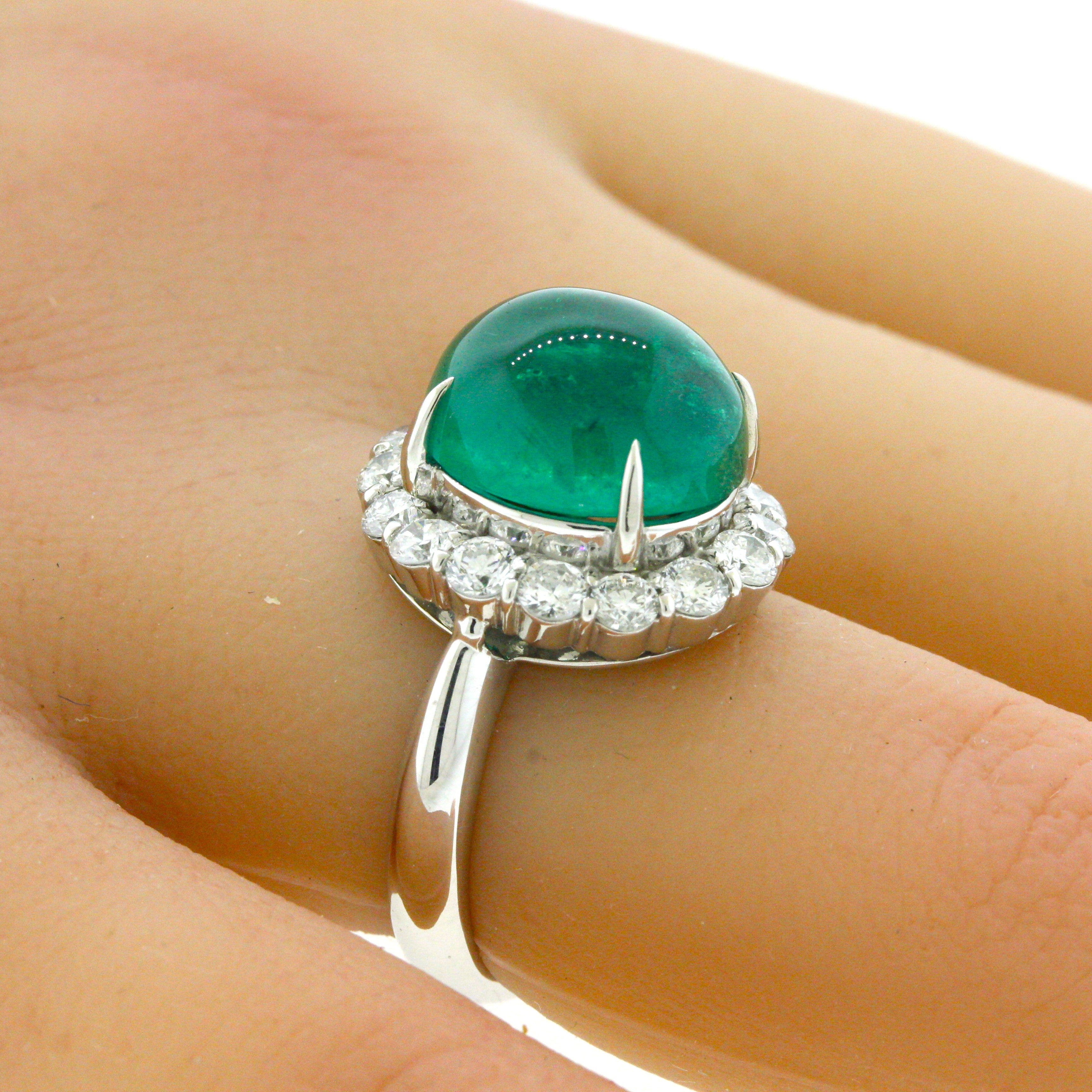 7.78 Carat Gem Cabochon Emerald Diamond Platinum Ring