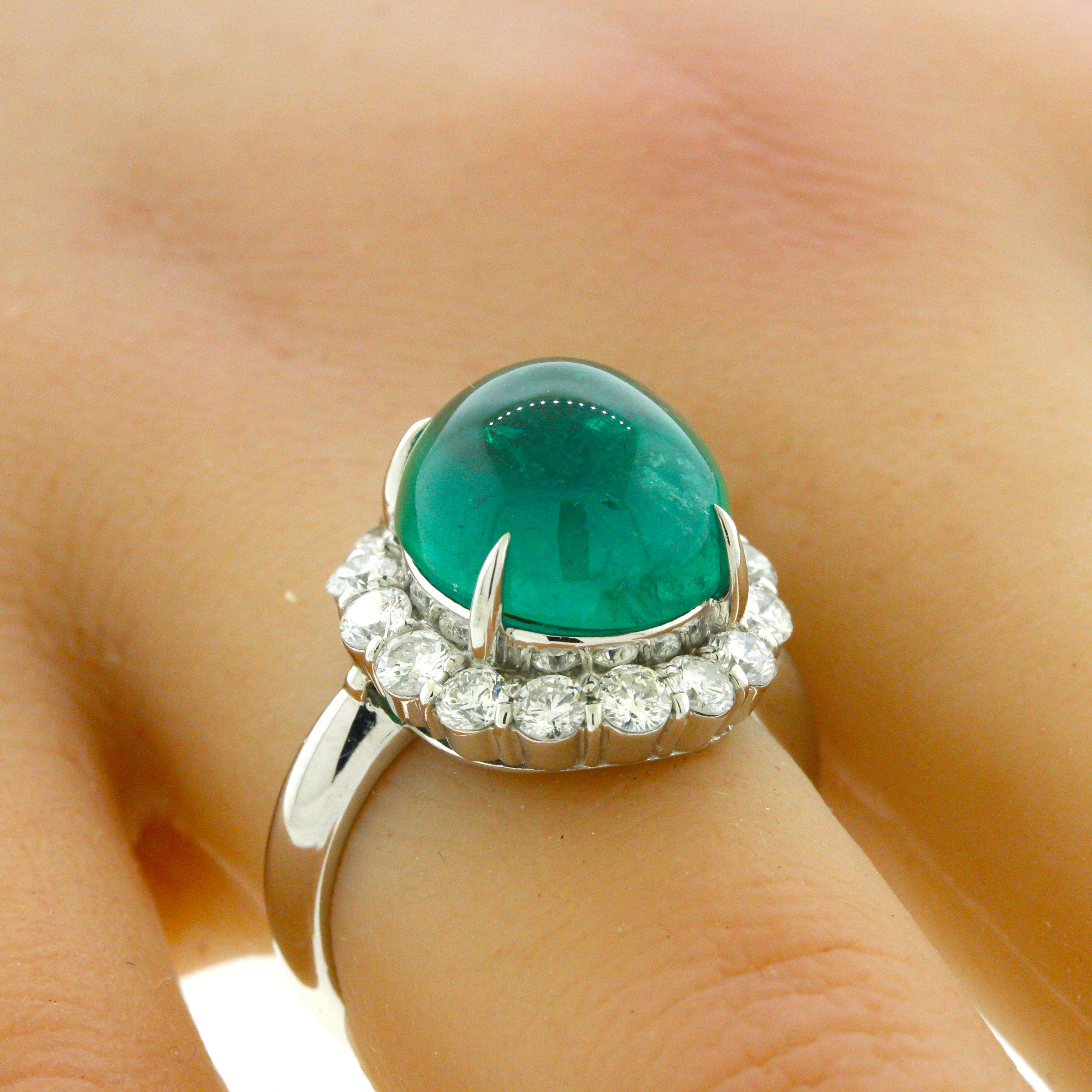 7.78 Carat Gem Cabochon Emerald Diamond Platinum Ring