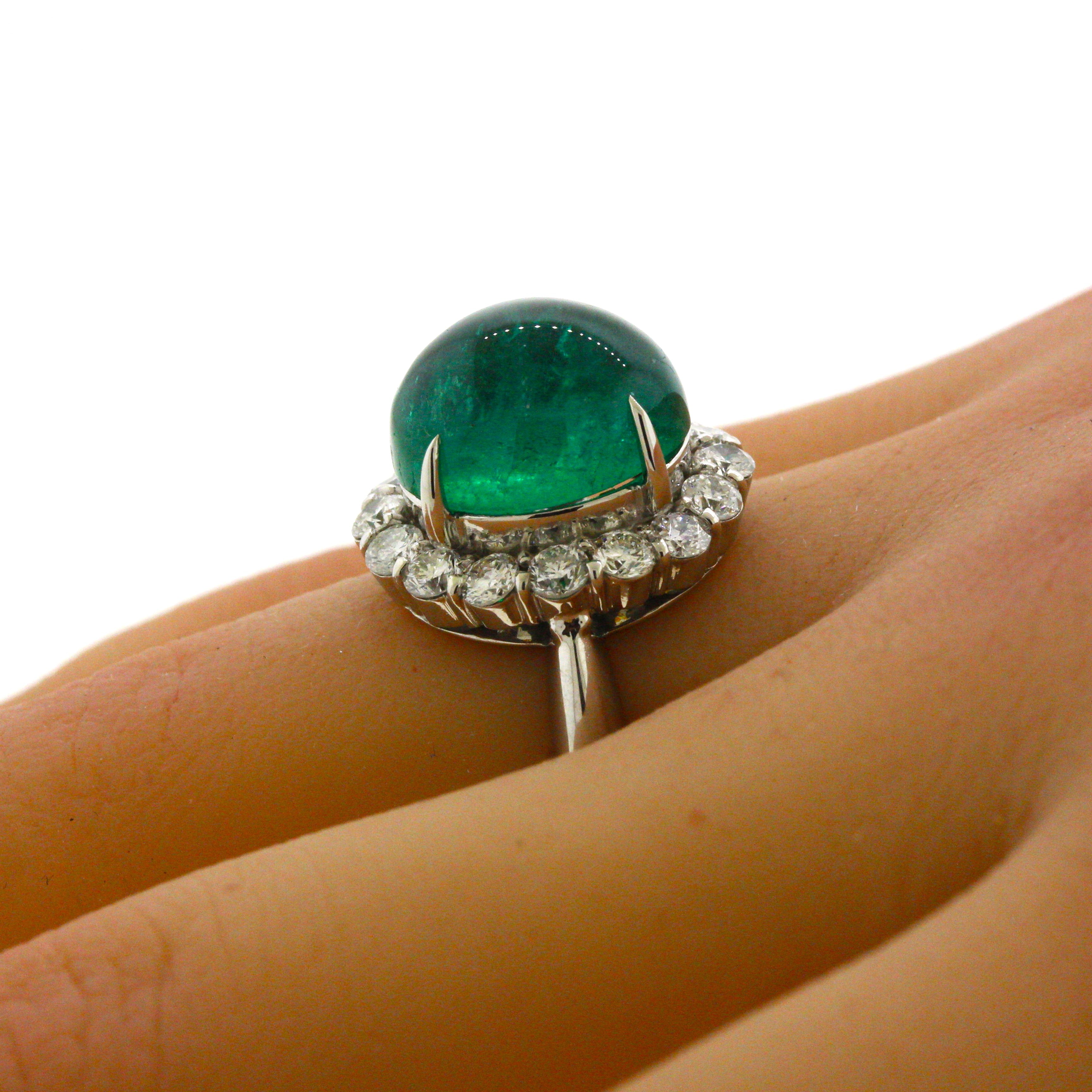 7.78 Carat Gem Cabochon Emerald Diamond Platinum Ring