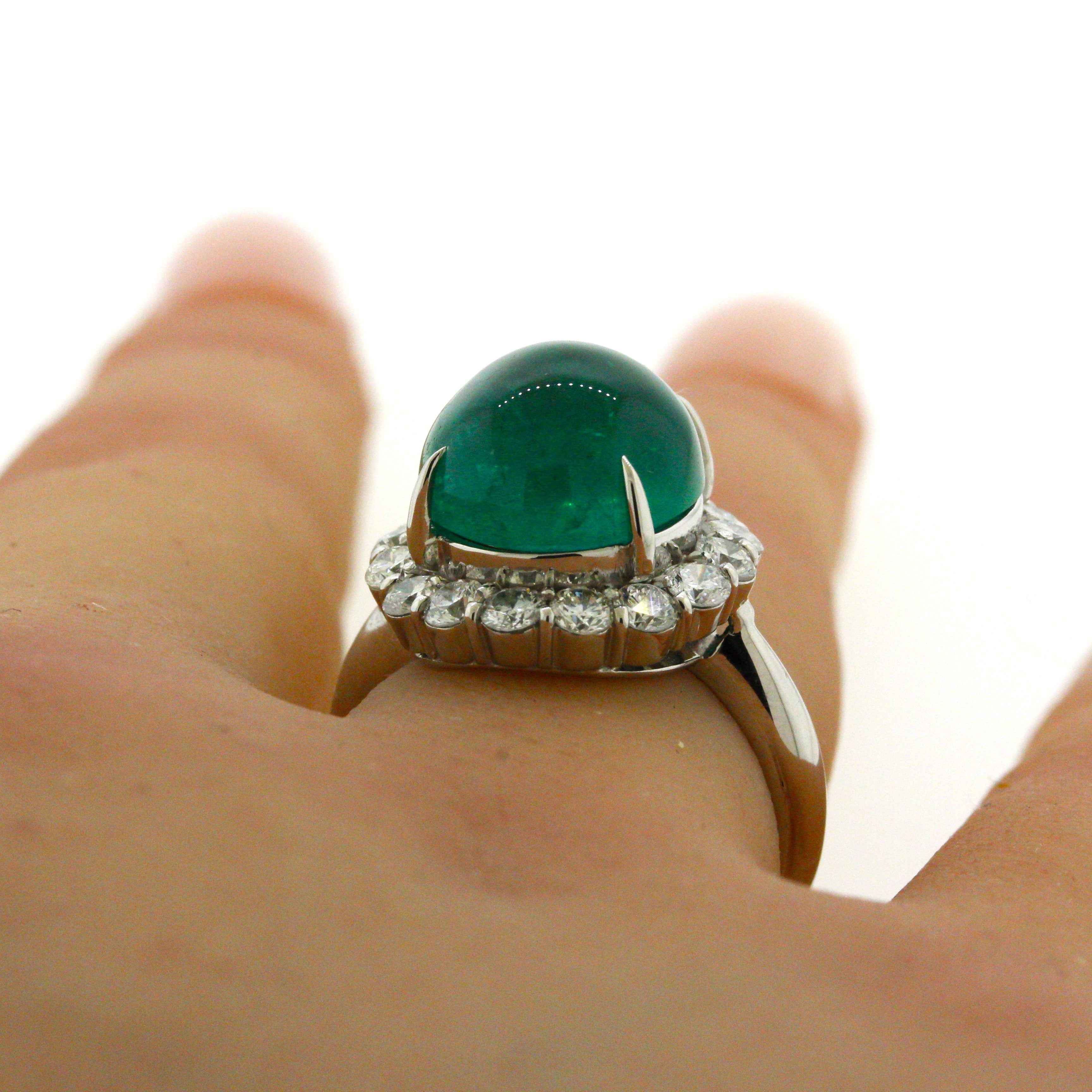 7.78 Carat Gem Cabochon Emerald Diamond Platinum Ring