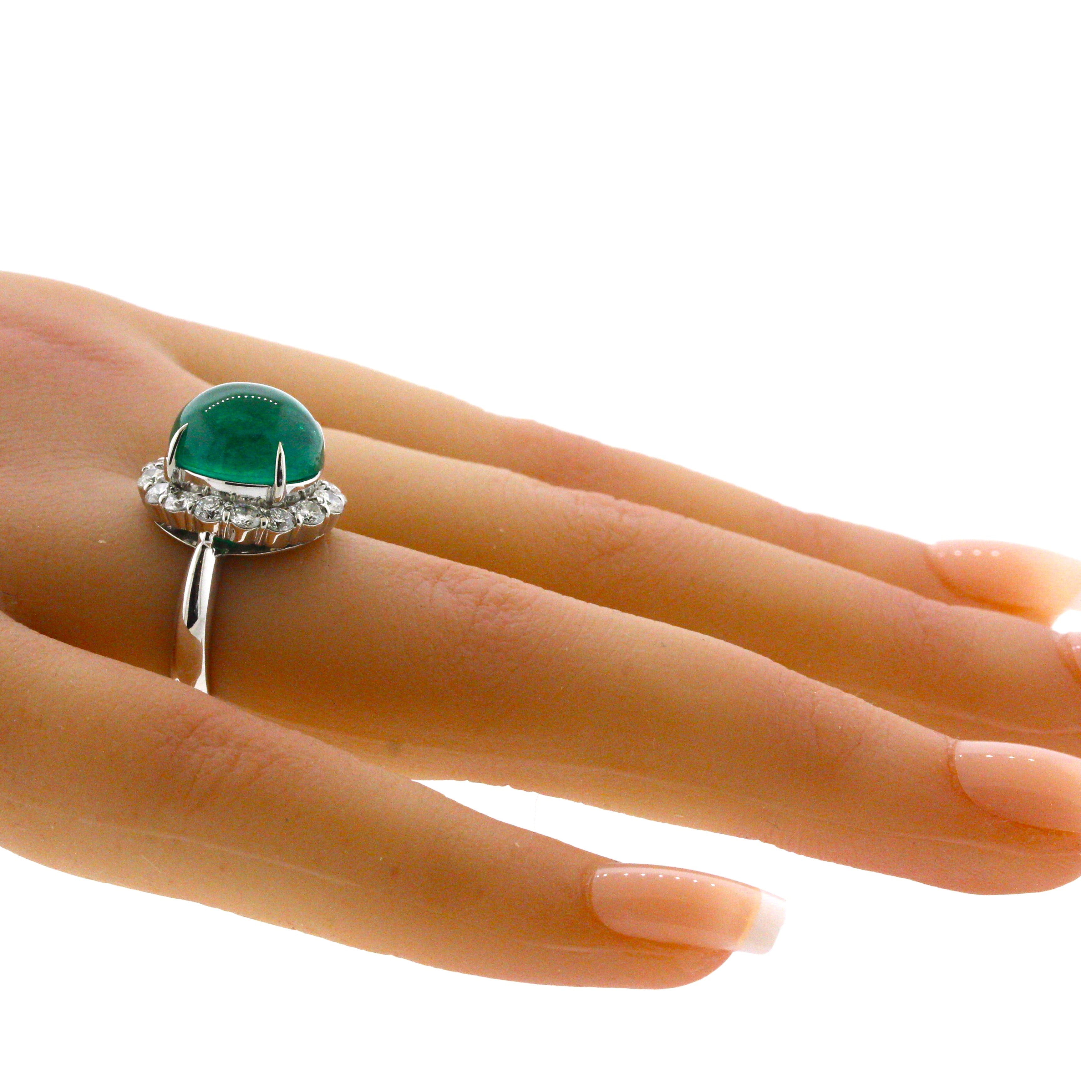 7.78 Carat Gem Cabochon Emerald Diamond Platinum Ring