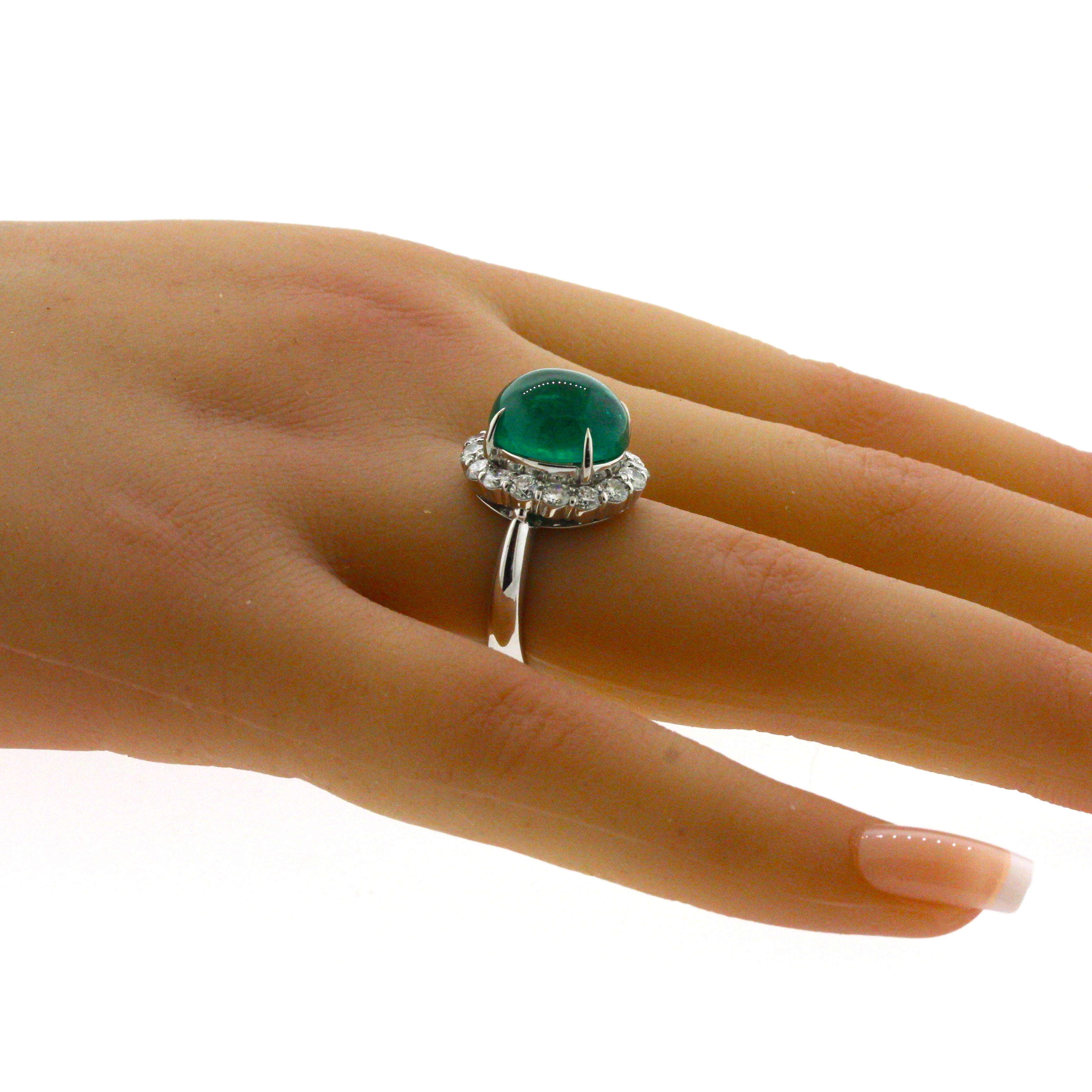 7.78 Carat Gem Cabochon Emerald Diamond Platinum Ring