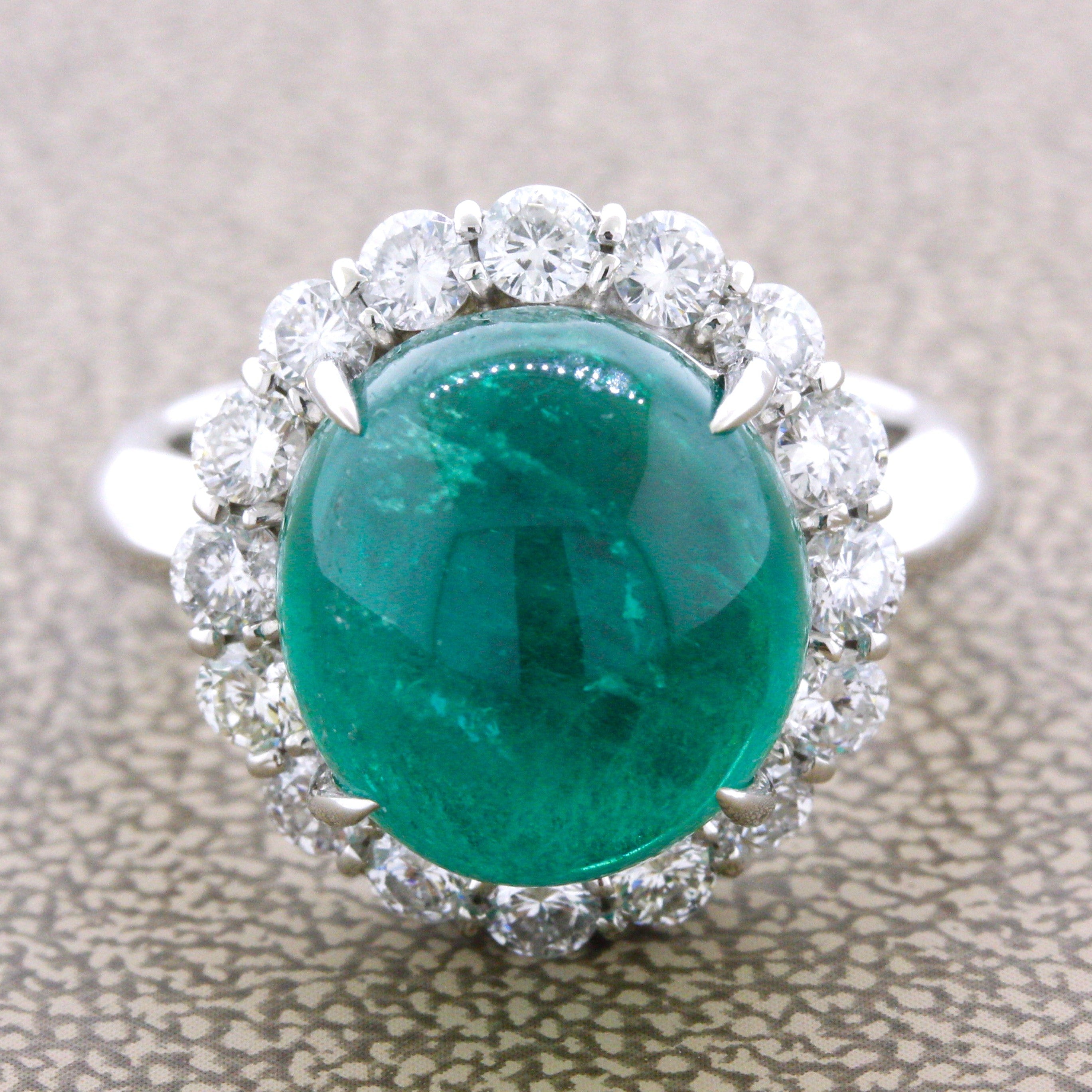 7.78 Carat Gem Cabochon Emerald Diamond Platinum Ring