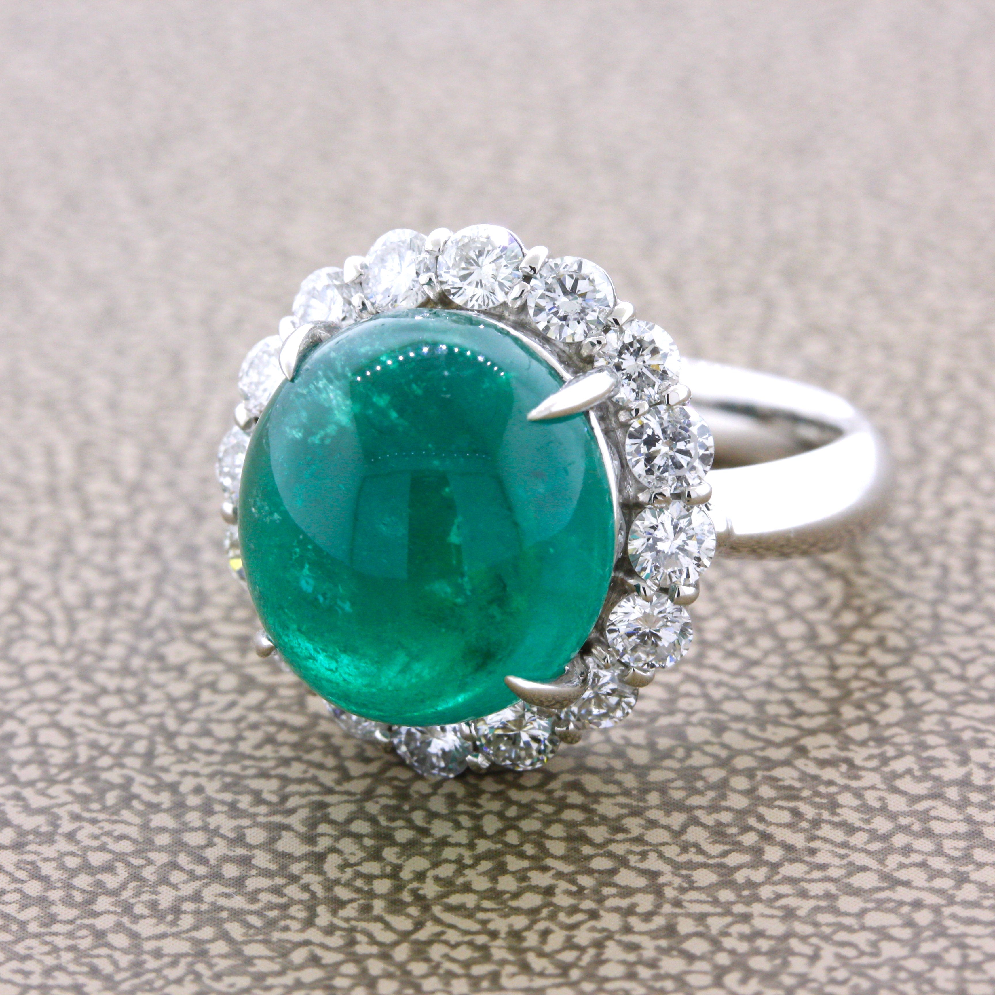 7.78 Carat Gem Cabochon Emerald Diamond Platinum Ring