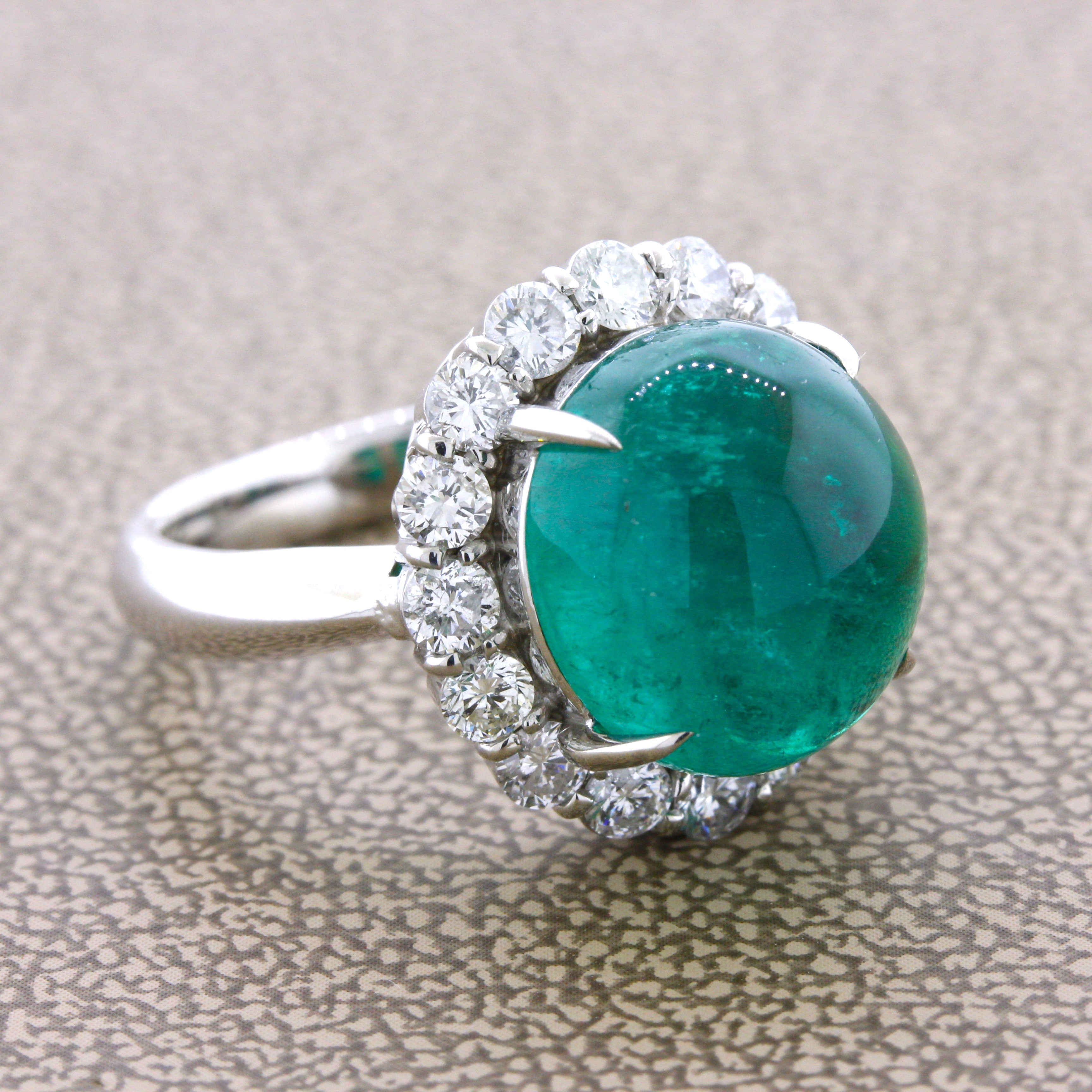 7.78 Carat Gem Cabochon Emerald Diamond Platinum Ring