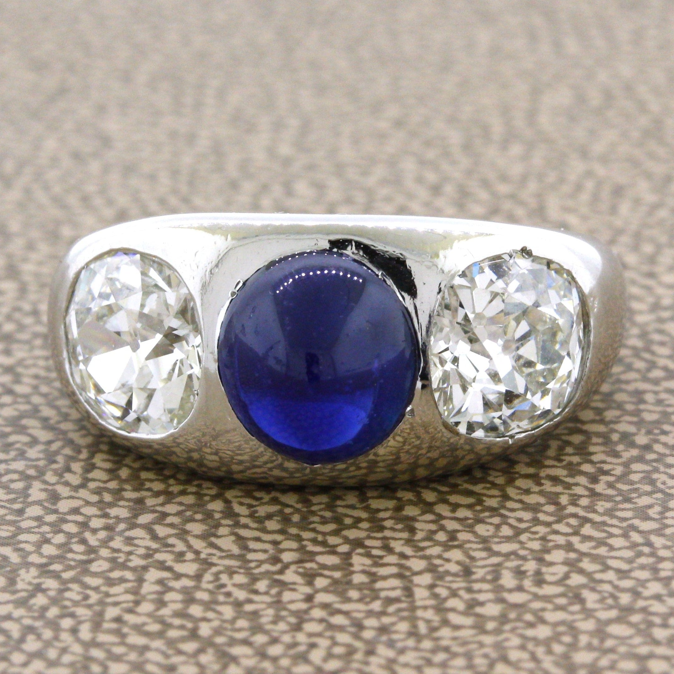 Antique-Style Sapphire Diamond 3-Stone Platinum Ring, AGL Certified