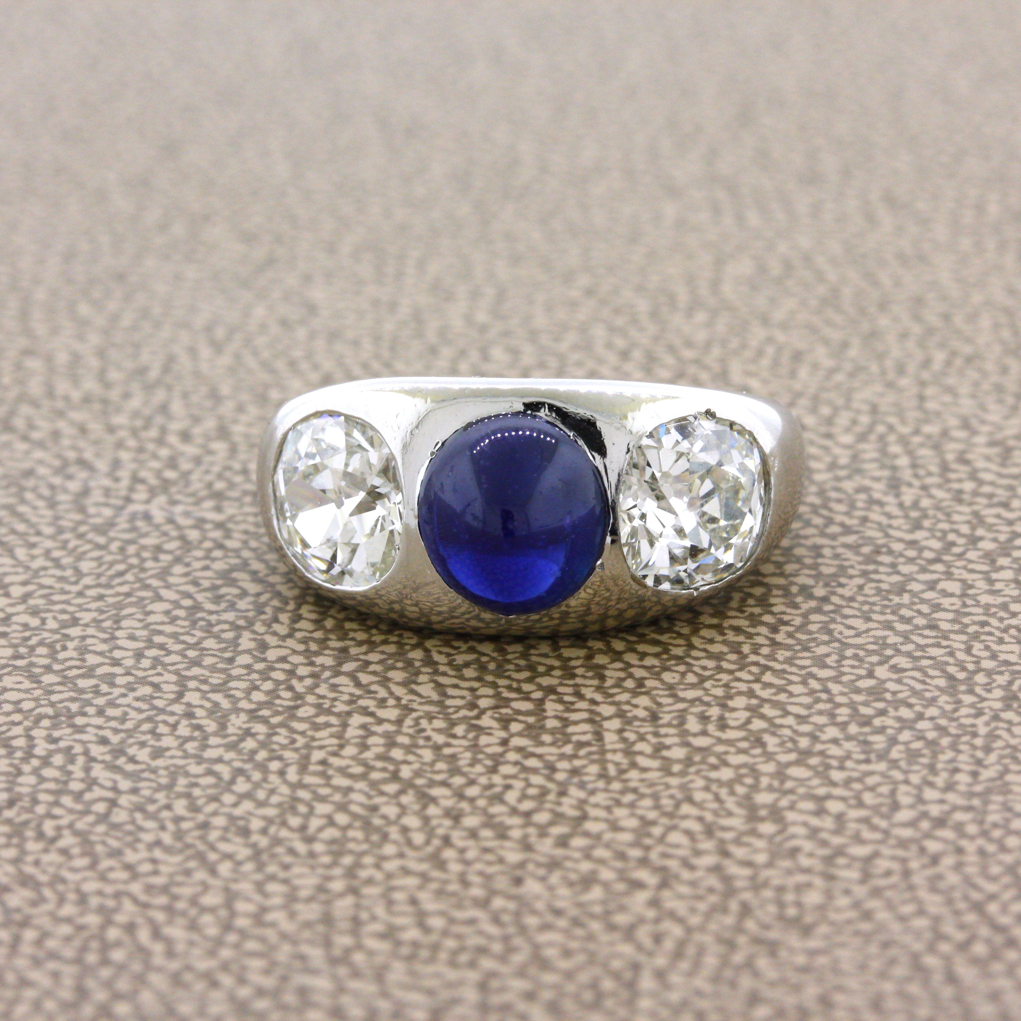 Antique-Style Sapphire Diamond 3-Stone Platinum Ring, AGL Certified