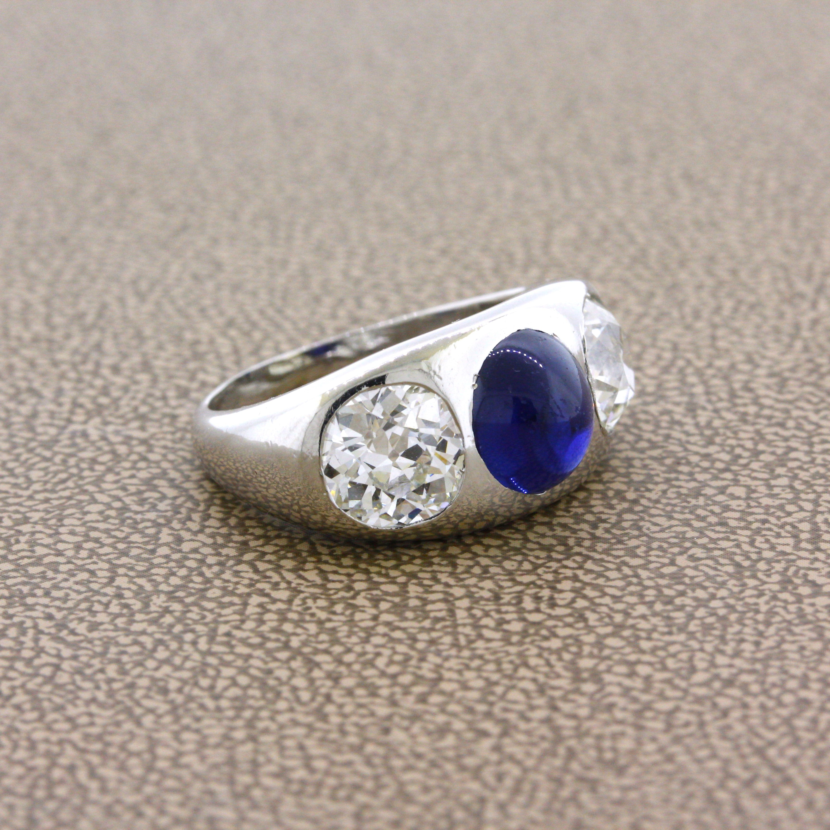 Antique-Style Sapphire Diamond 3-Stone Platinum Ring, AGL Certified