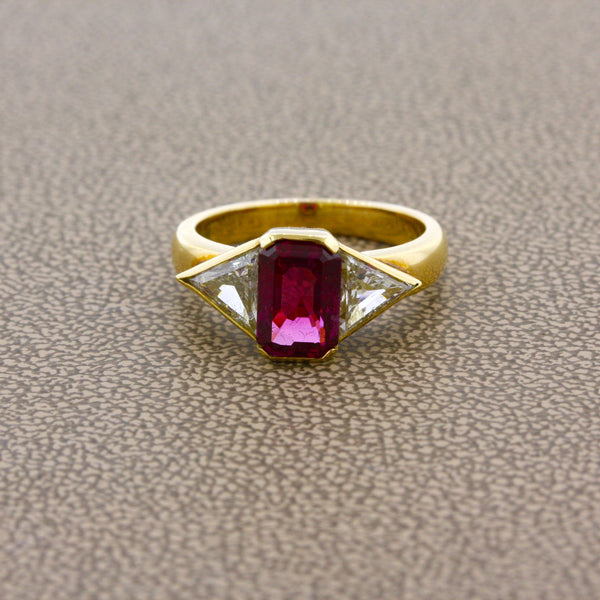 Ruby Diamond 3-Stone Gold Ring, GRS Certified