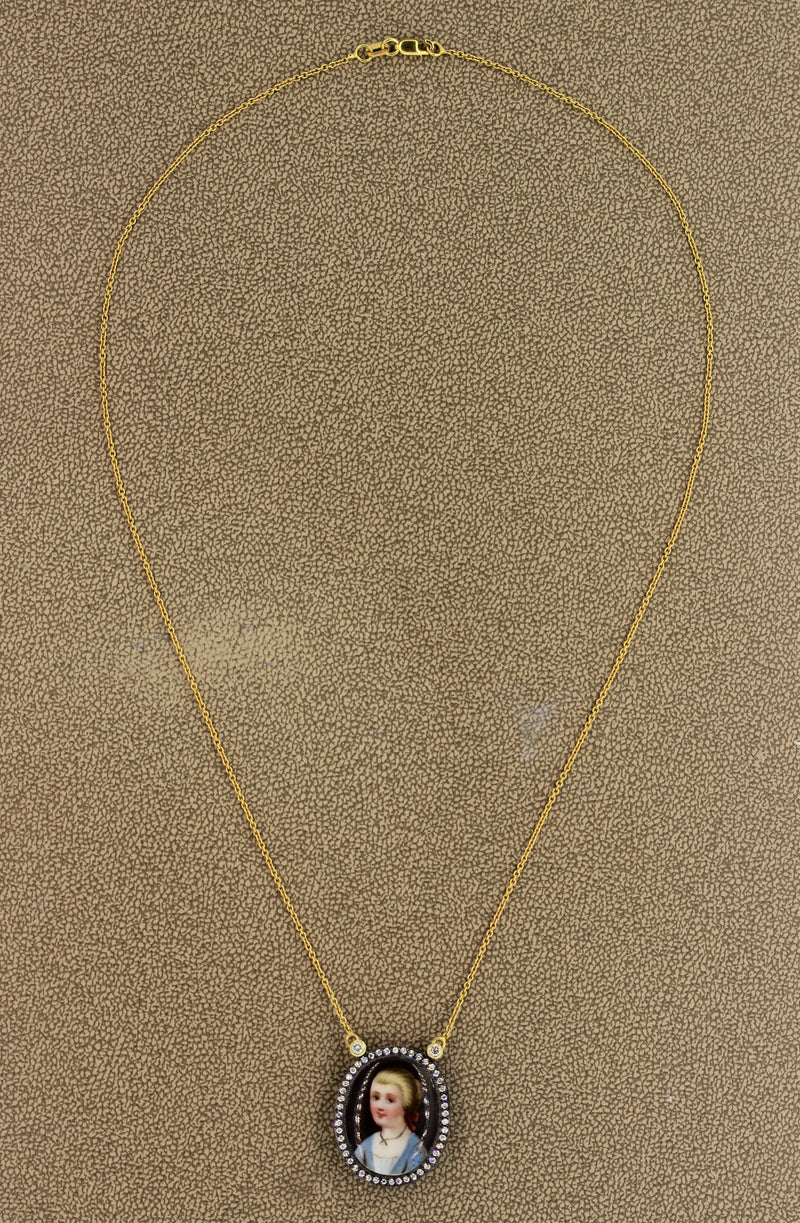 Mid-Century Enamel Portrait Diamond Gold Necklace