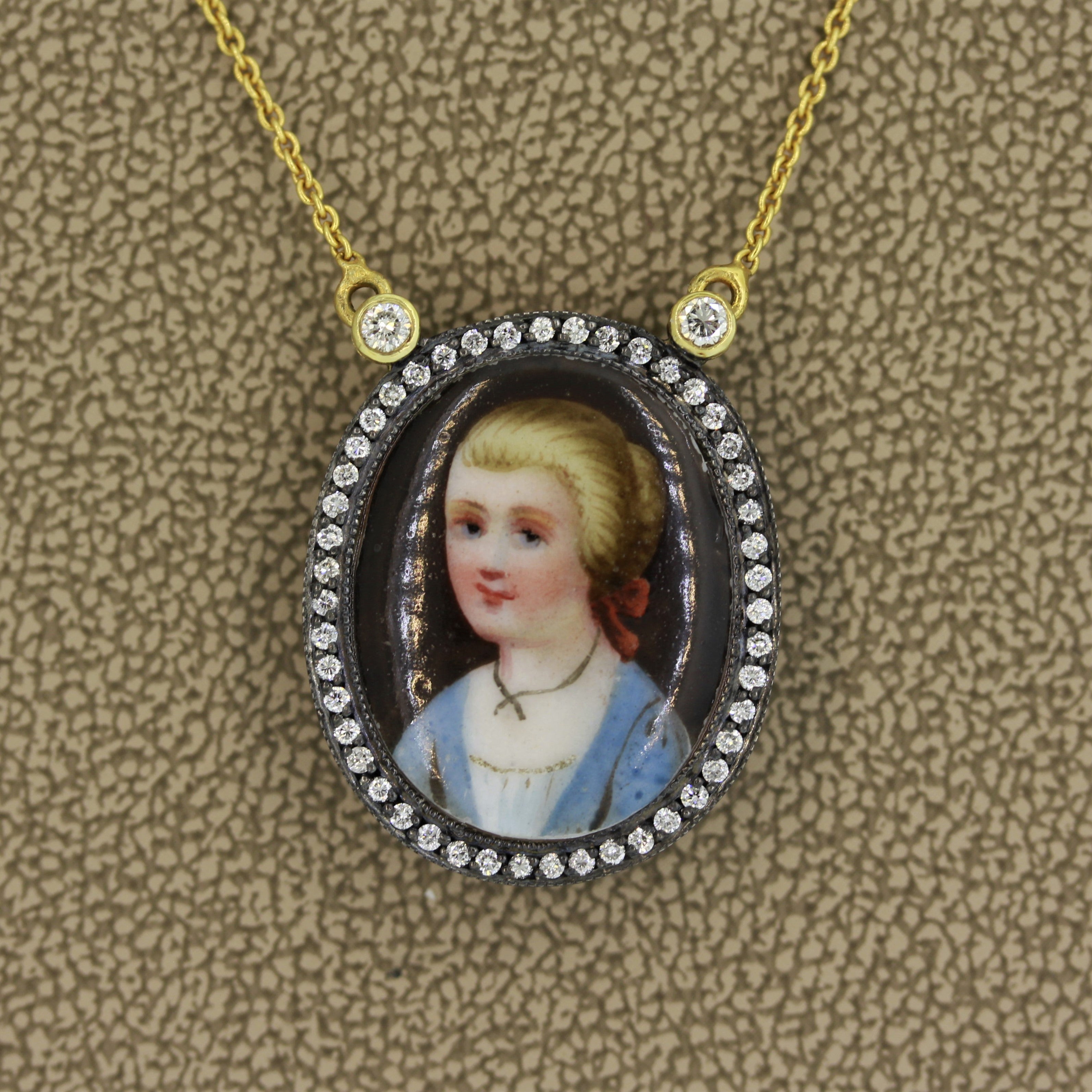 Mid-Century Enamel Portrait Diamond Gold Necklace