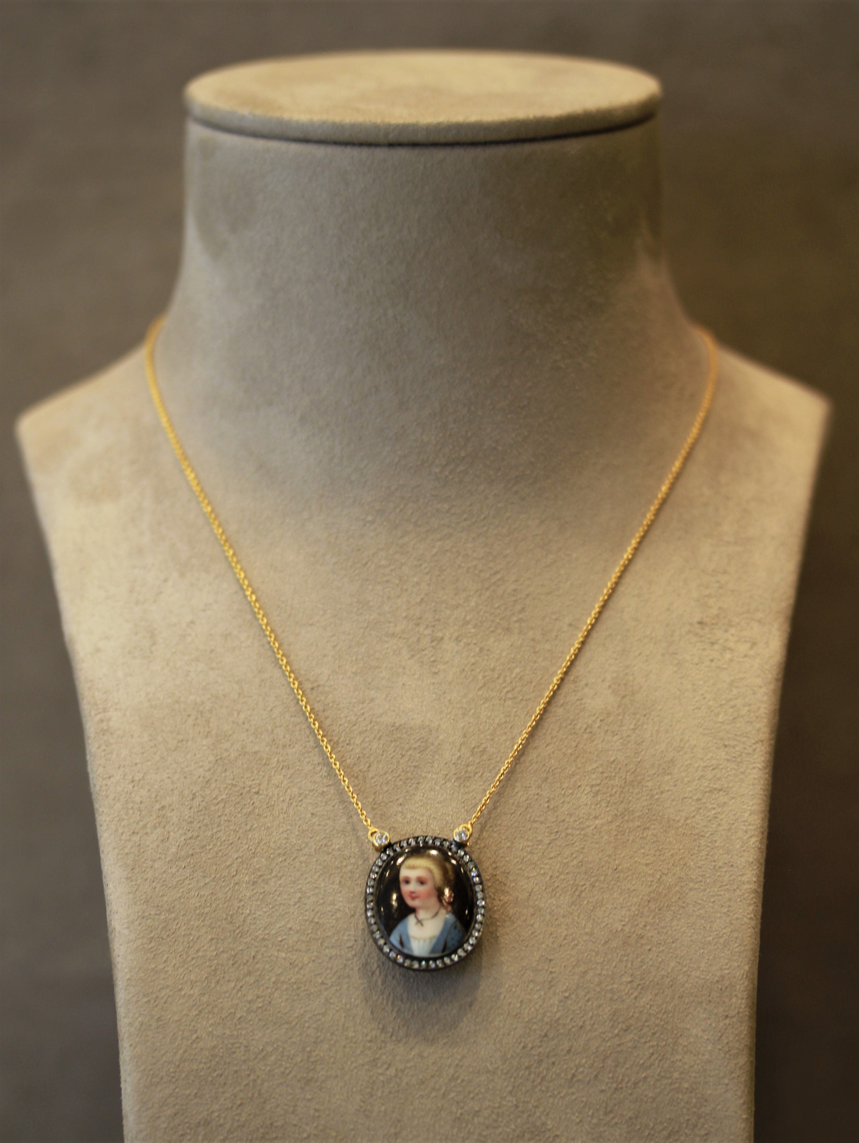 Mid-Century Enamel Portrait Diamond Gold Necklace