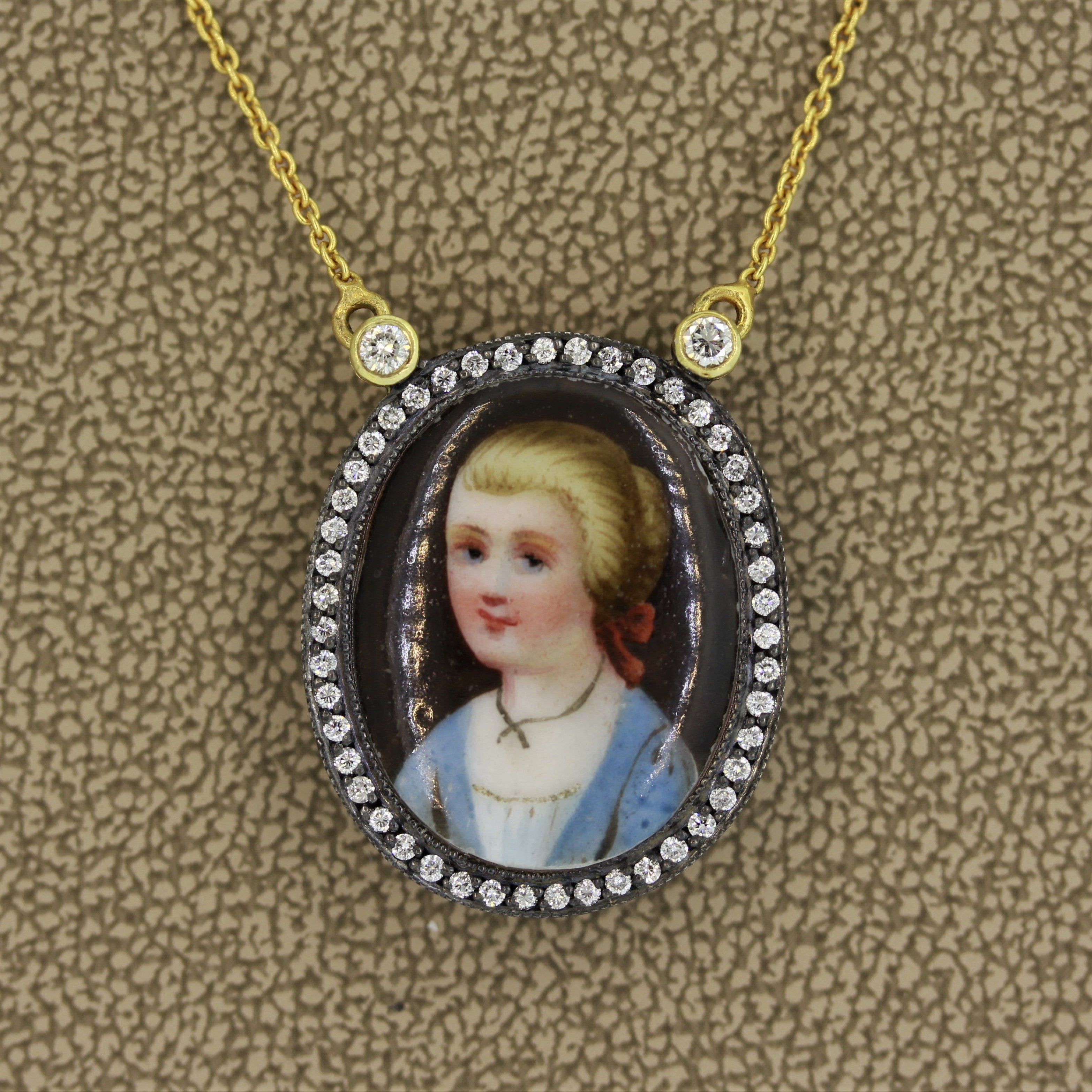 Mid-Century Enamel Portrait Diamond Gold Necklace