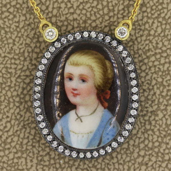 Mid-Century Enamel Portrait Diamond Gold Necklace