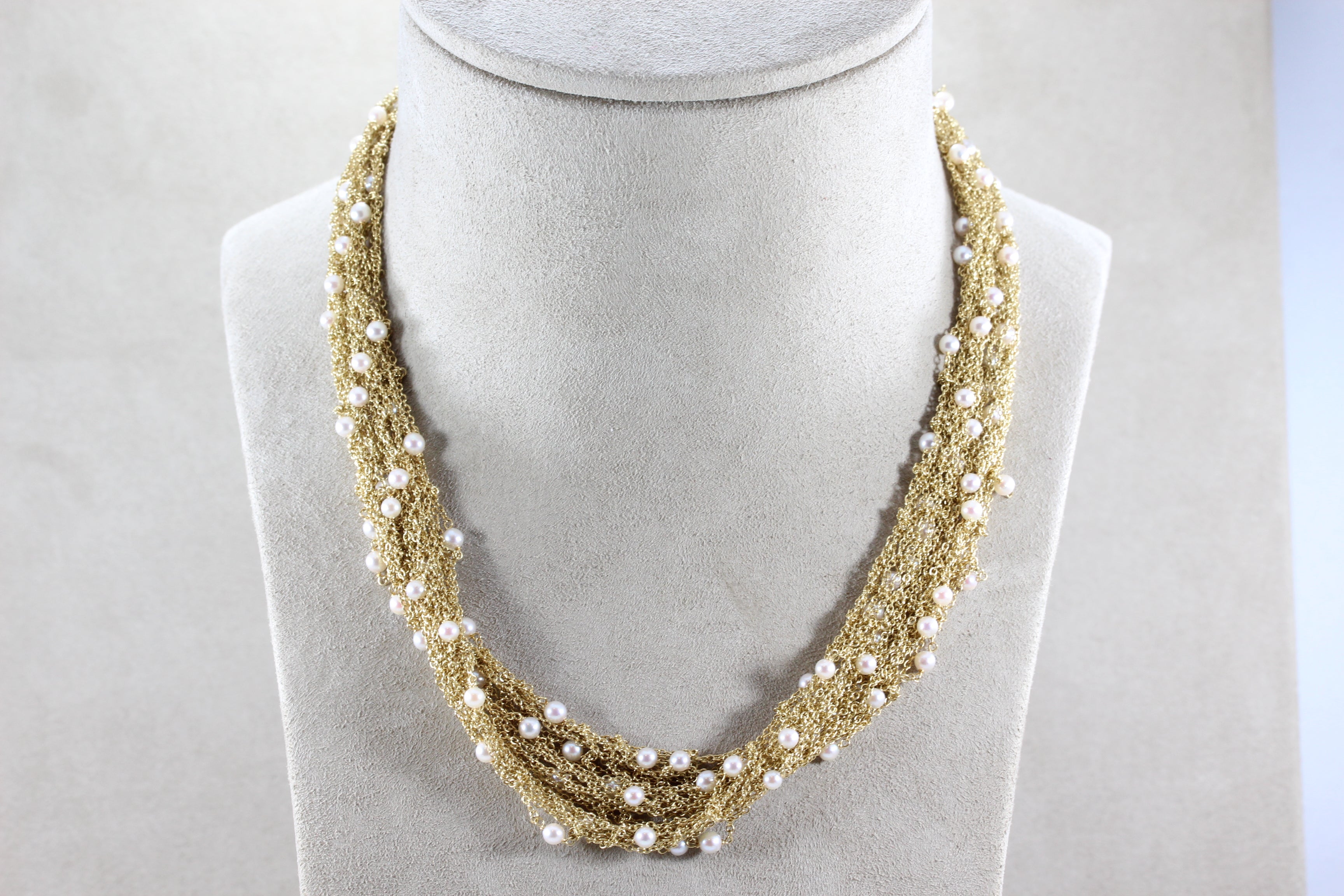 Italian Midcentury Seed Pearl Mesh Gold Necklace