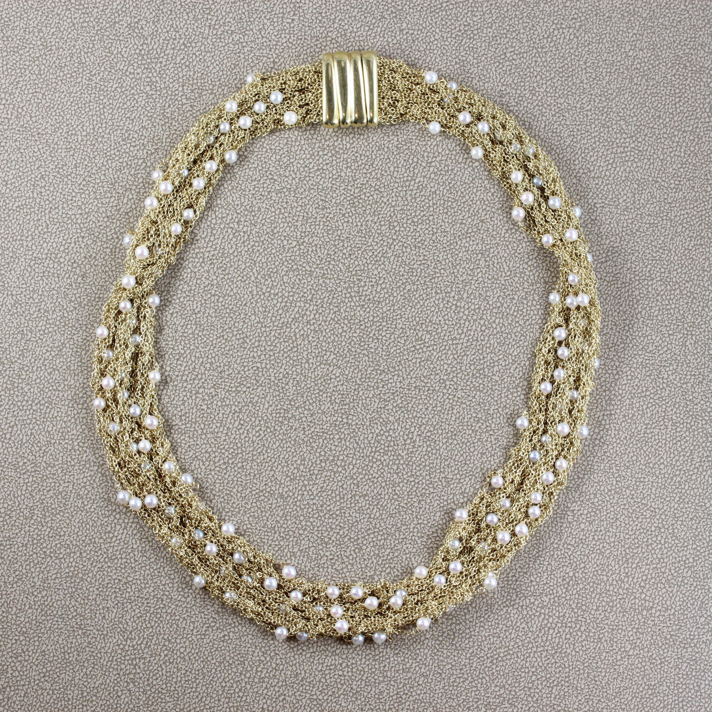 Italian Midcentury Seed Pearl Mesh Gold Necklace