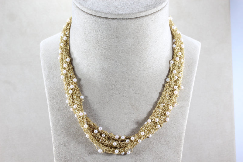 Italian Midcentury Seed Pearl Mesh Gold Necklace