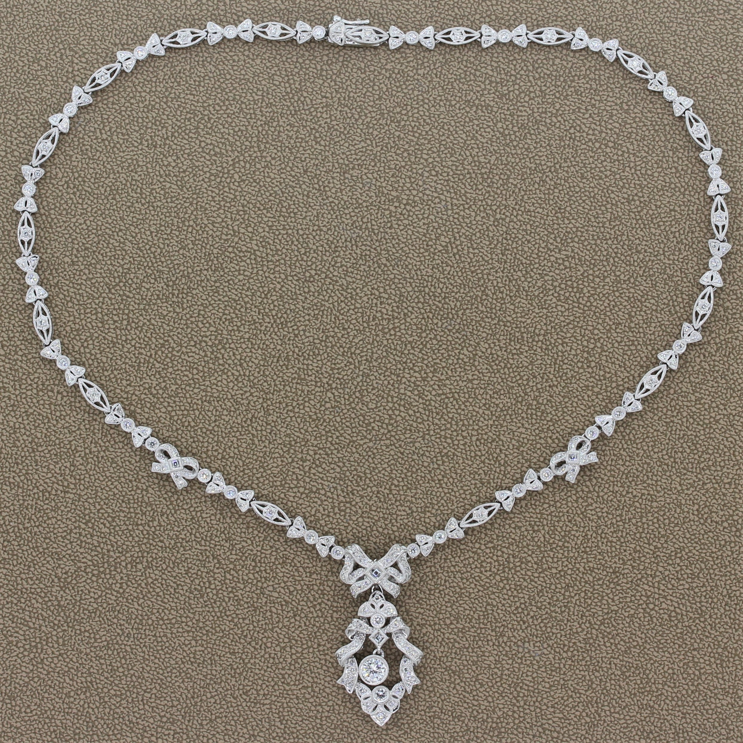 Antique Style Diamond Platinum Filigree Necklace