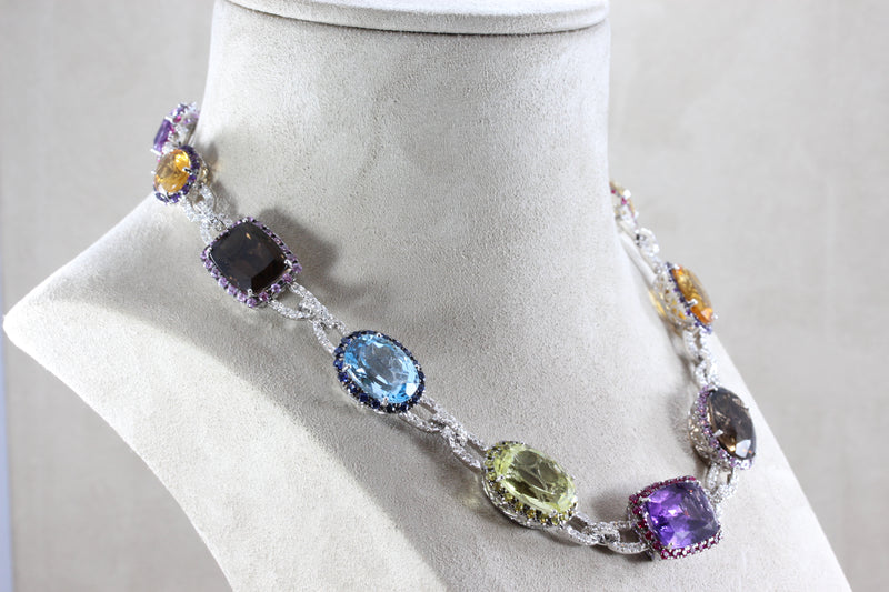 Multi-Color Gemstone Diamond Gold Necklace