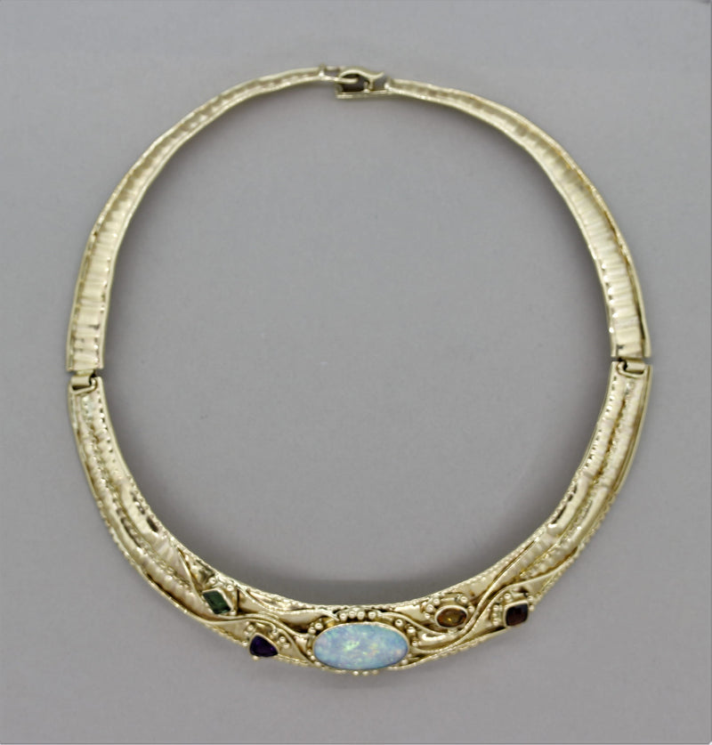 Opal Multicolor Gemstone Gold Collar Necklace