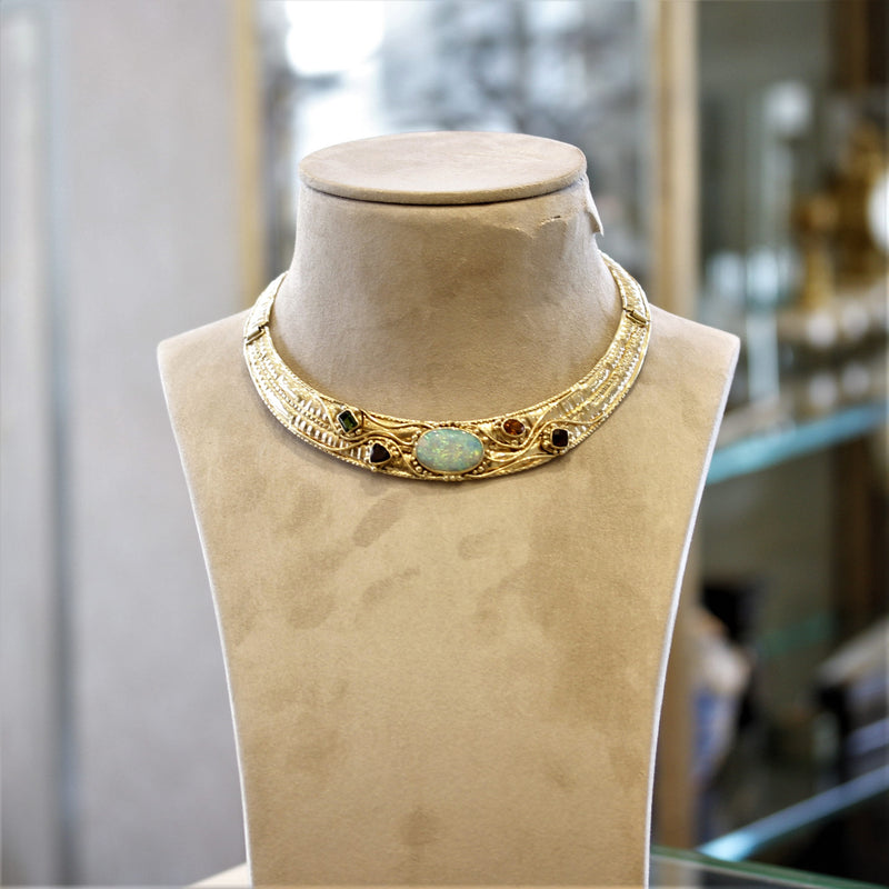 Opal Multicolor Gemstone Gold Collar Necklace