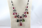 Multi-Color Cabochon Tourmaline Onyx Diamond Gold Drop Necklace