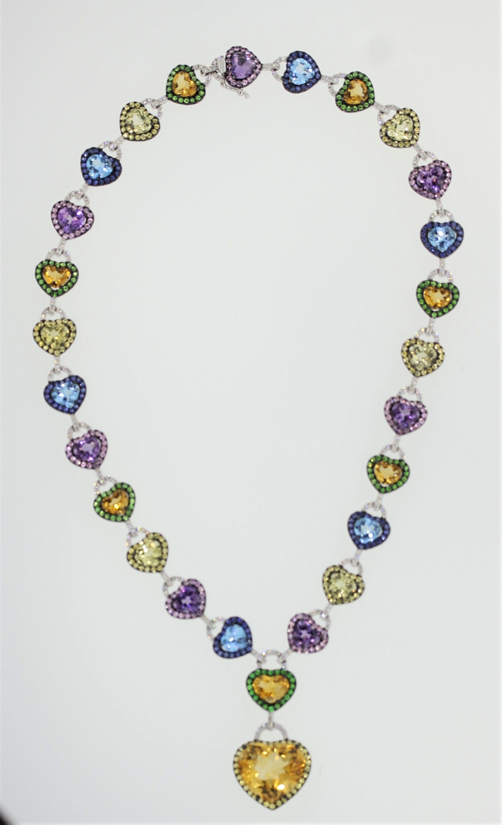 Multi-Color Gemstone Diamond Gold Heart Drop Necklace