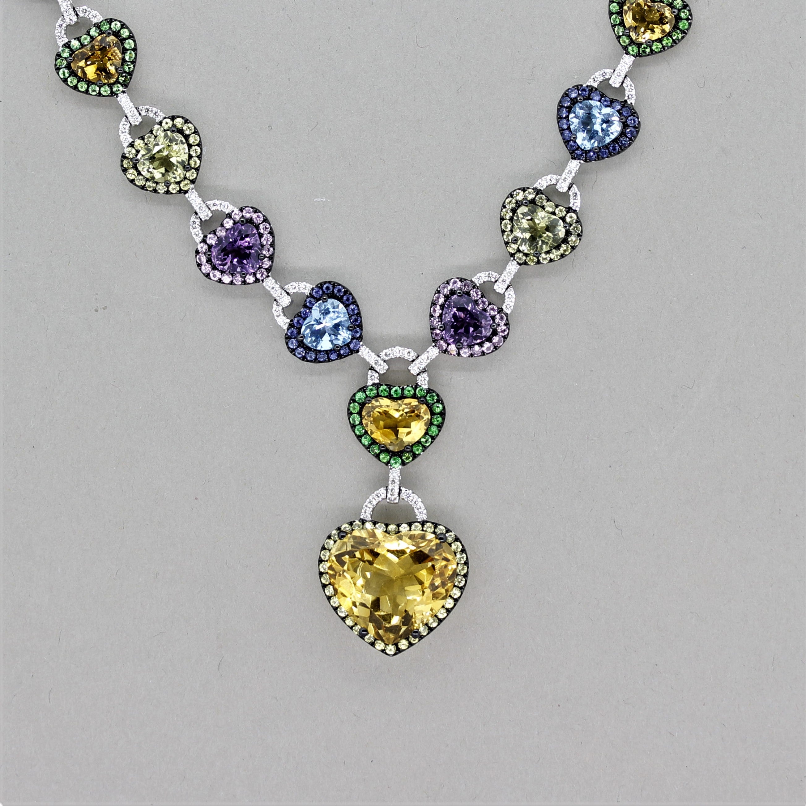 Multi-Color Gemstone Diamond Gold Heart Drop Necklace