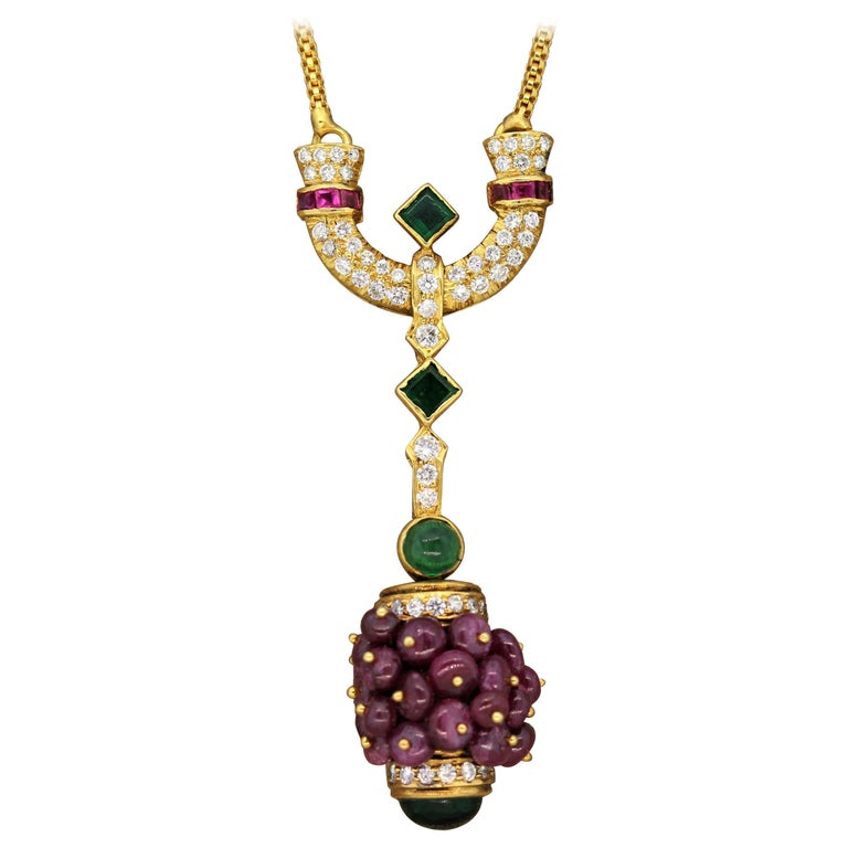 Estate Ruby Emerald Diamond Gold Drop Necklace