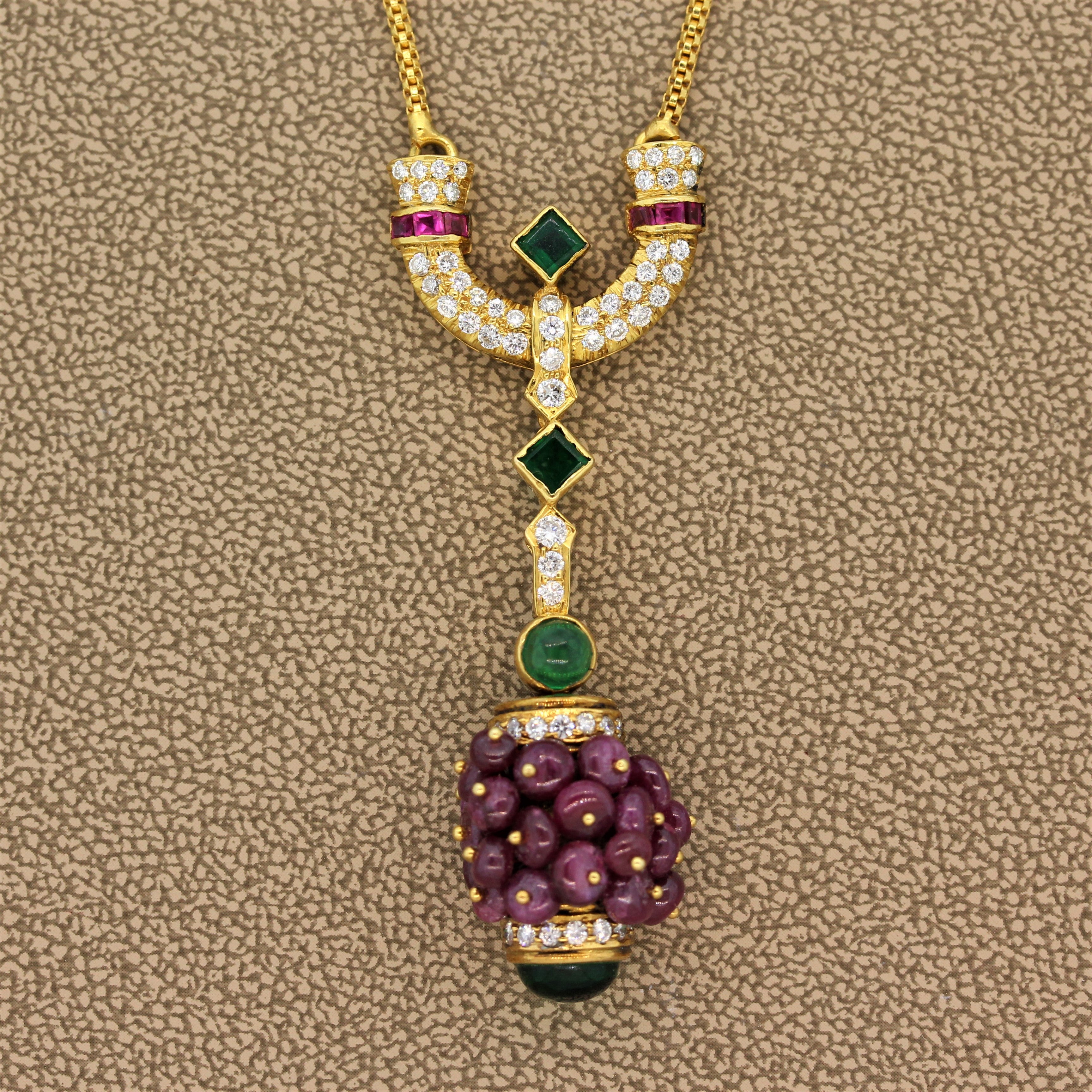 Estate Ruby Emerald Diamond Gold Drop Necklace