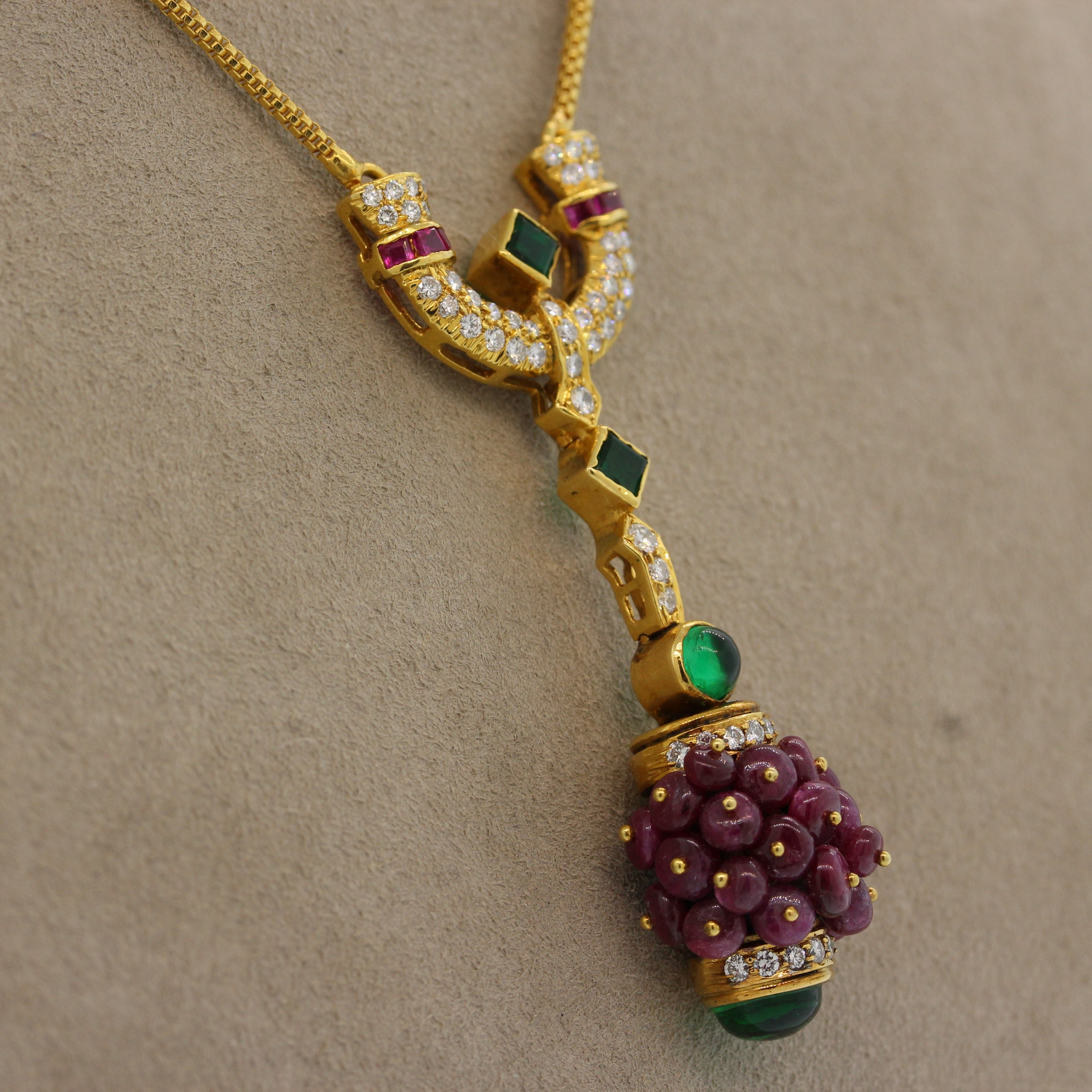 Estate Ruby Emerald Diamond Gold Drop Necklace