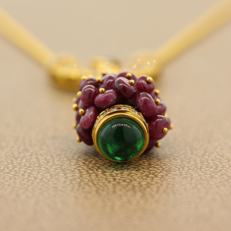 Estate Ruby Emerald Diamond Gold Drop Necklace