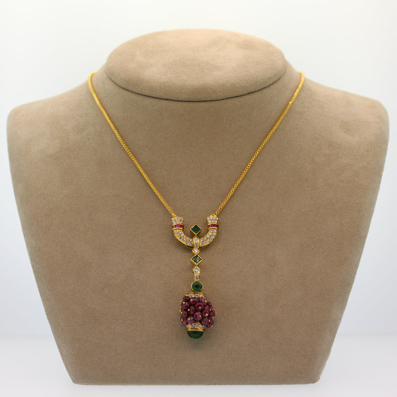 Estate Ruby Emerald Diamond Gold Drop Necklace