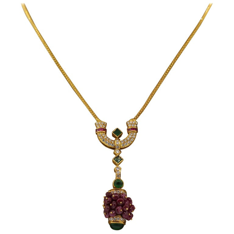 Estate Ruby Emerald Diamond Gold Drop Necklace