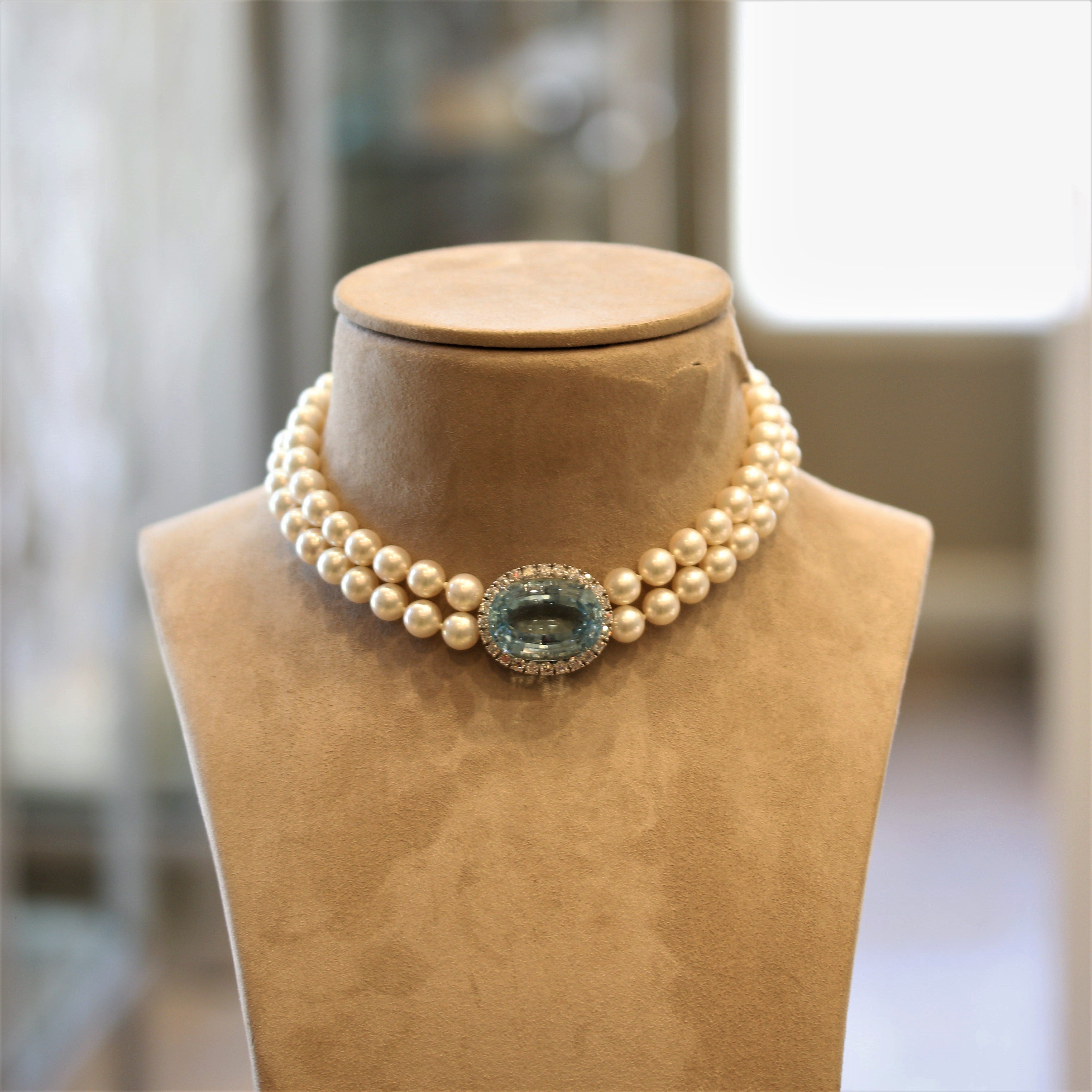 Fine Aquamarine Diamond Akoya Pearl Double-Strand Gold Choker Necklace