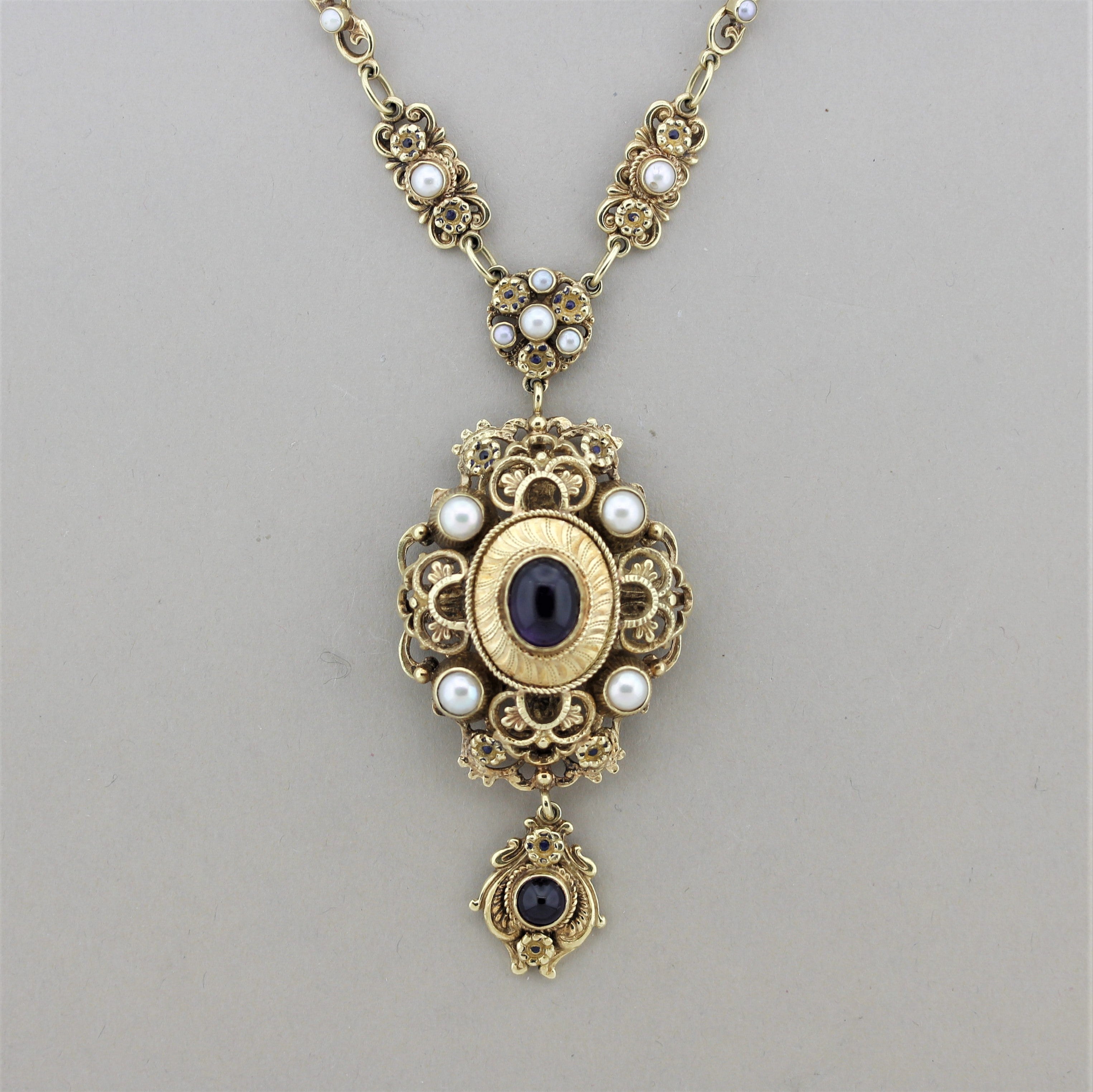 Vintage Antique-Style Amethyst Pearl Gold Drop Necklace