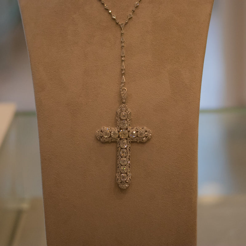 Magnificent Edwardian Diamond Platinum Cross Necklace