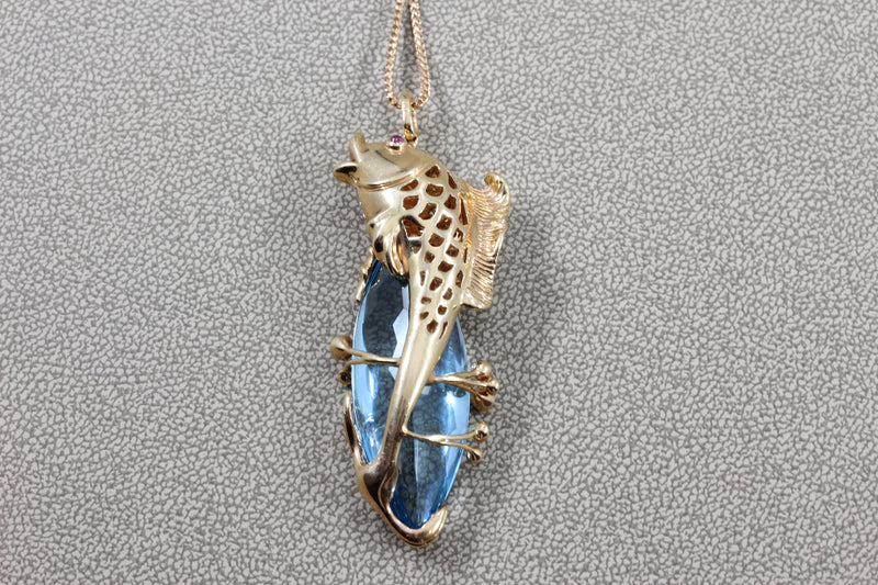 Blue Topaz Diamond Gold Koi Fish Pendant Necklace