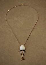 White Onyx Diamond Gold Fish-Bone Pendant Necklace
