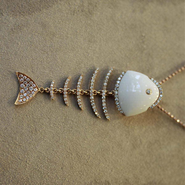 White Onyx Diamond Gold Fish-Bone Pendant Necklace