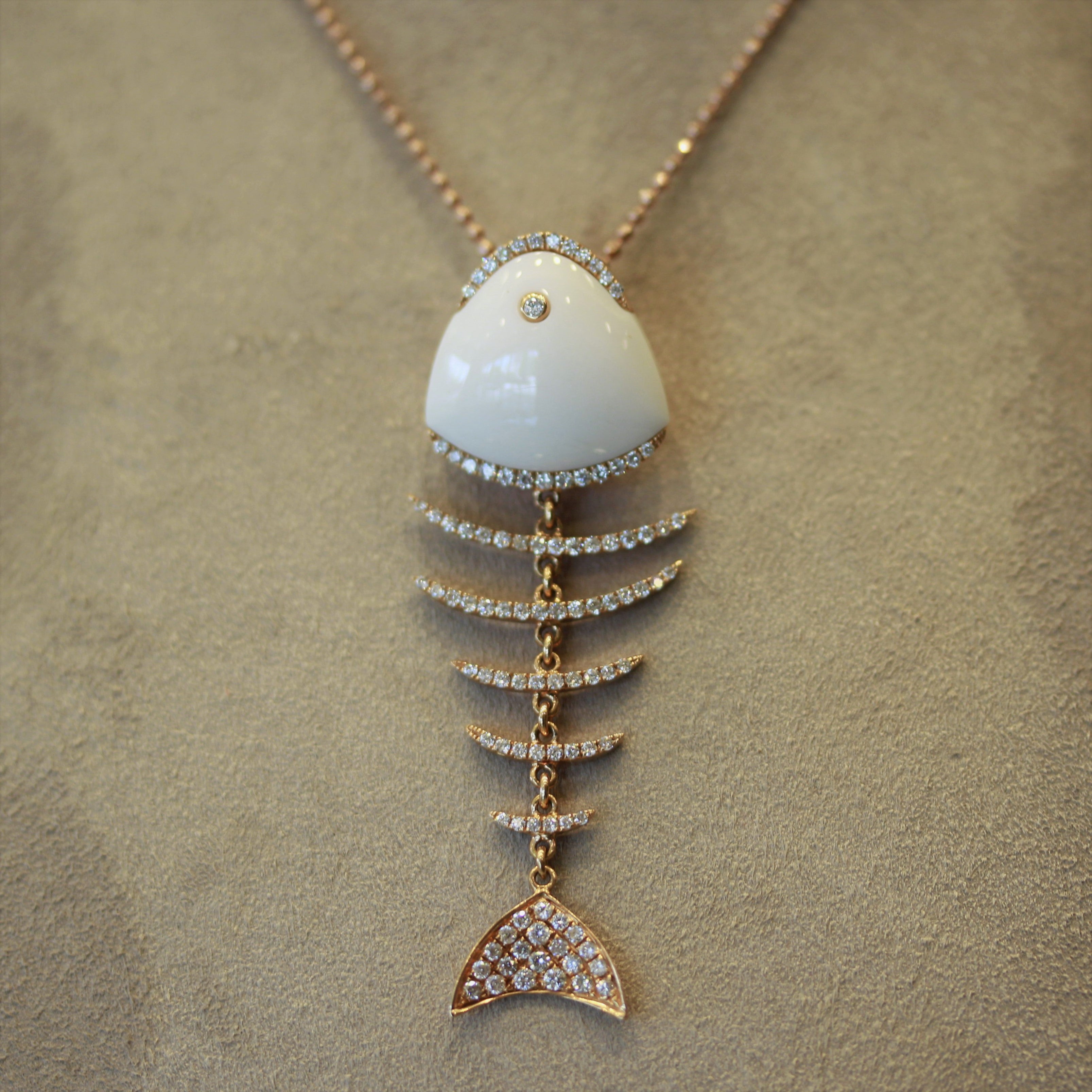 White Onyx Diamond Gold Fish-Bone Pendant Necklace