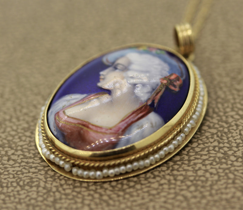 Victorian Antique Porcelain Seed-Pearl Gold Pendant