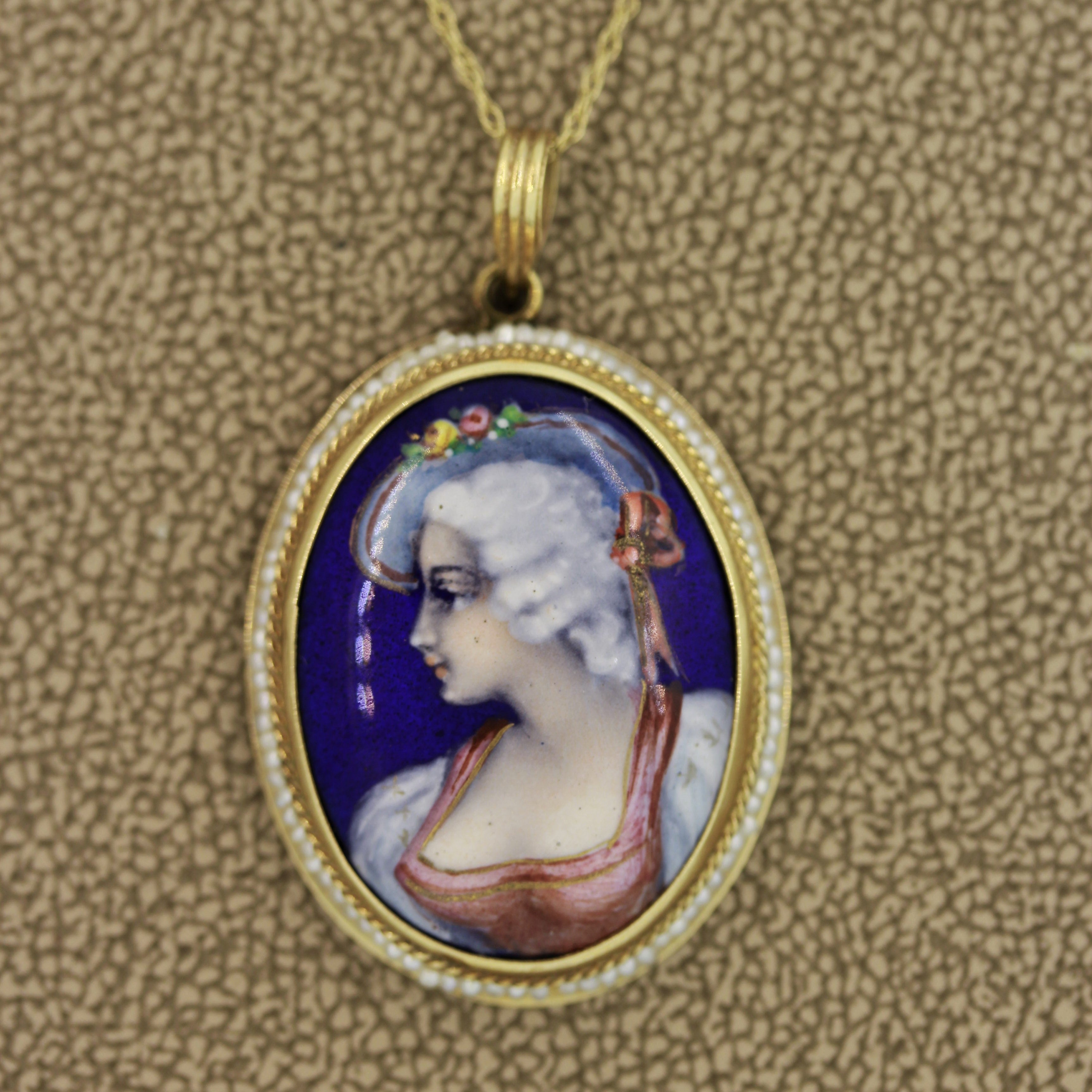 Victorian Antique Porcelain Seed-Pearl Gold Pendant