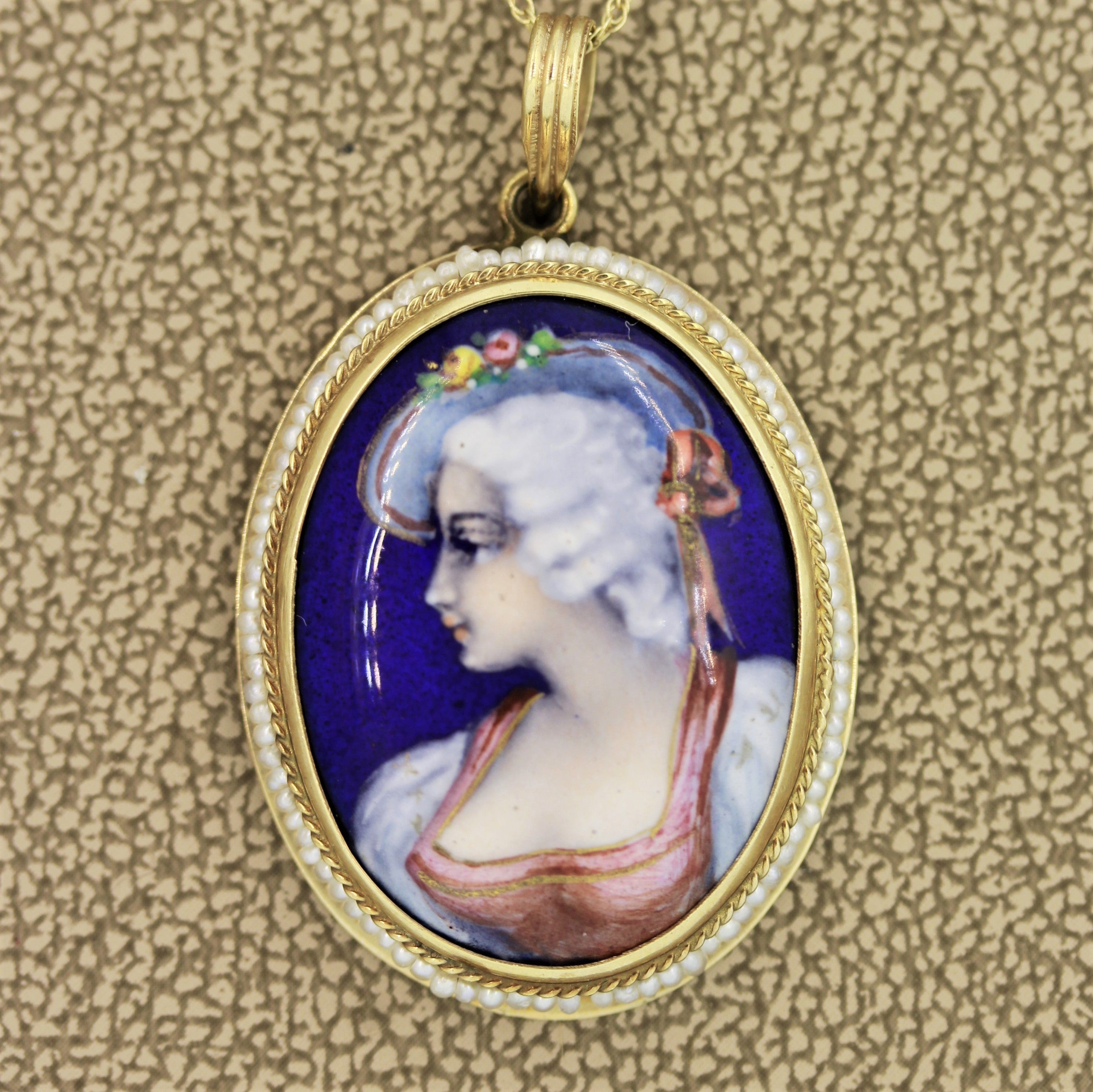 Victorian Antique Porcelain Seed-Pearl Gold Pendant