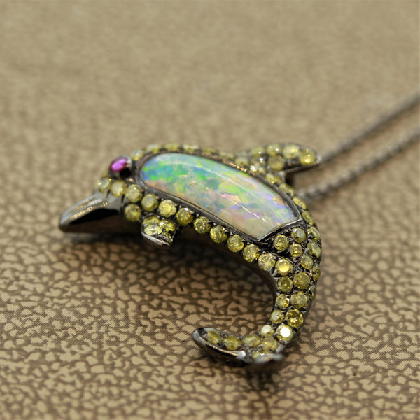 Opal Fancy Colored Diamond Ruby Gold Dolphin Pendant