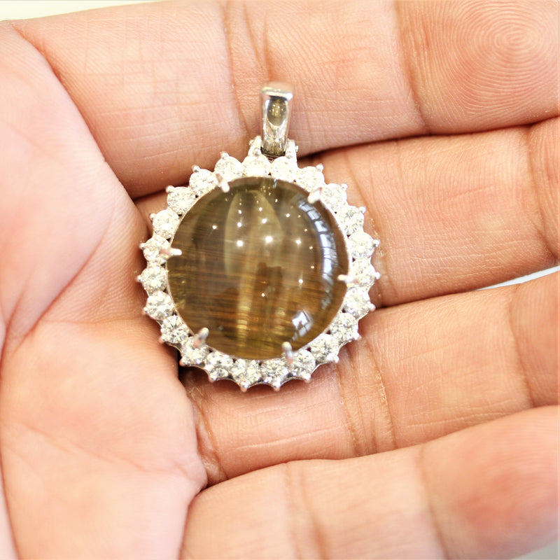 Large Cat’s Eye Quartz Diamond Halo Platinum Pendant